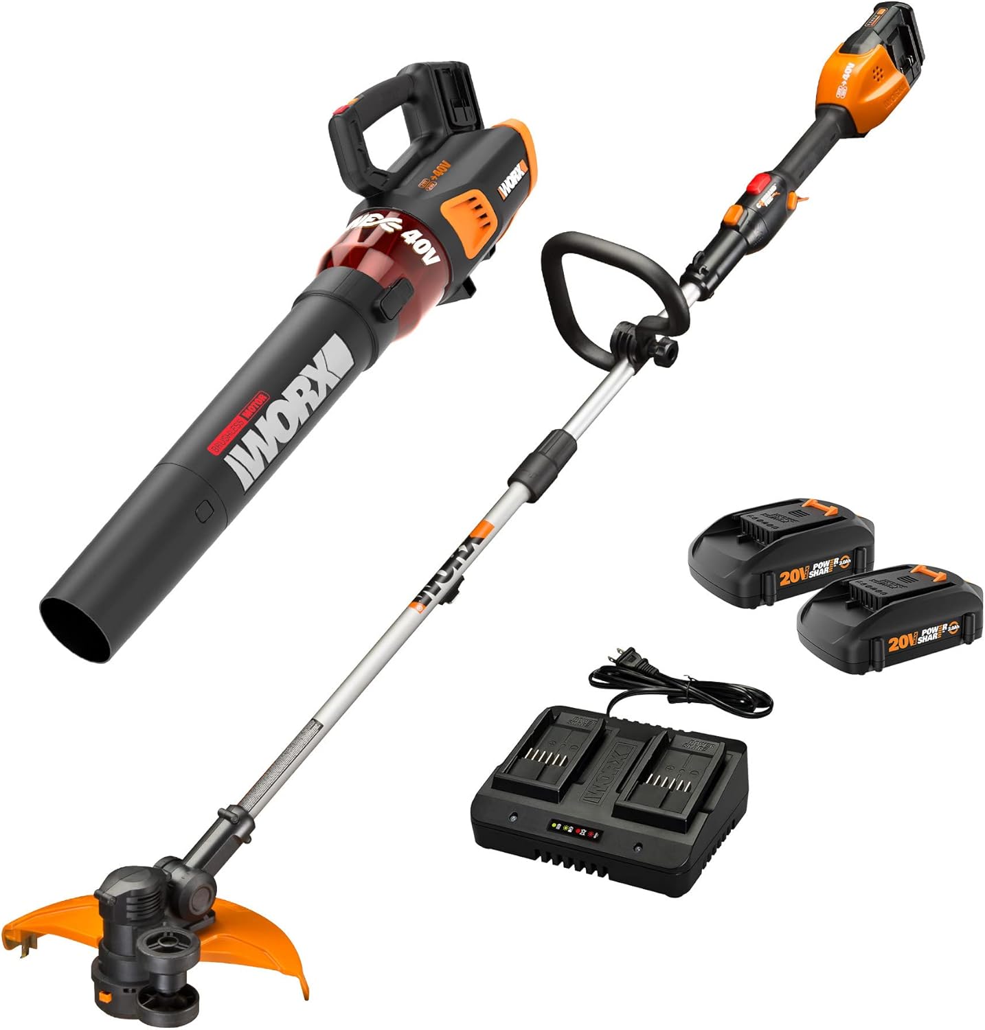 WORX WG927 40V 13 Cordless String Trimmer Edger + Leaf Blower Combo Kit, Batteries & Charger Included WORX WG927 40V 13" Cordless String Trimmer/Edger + Leaf Blower Combo Kit, Batteries & Charger Included