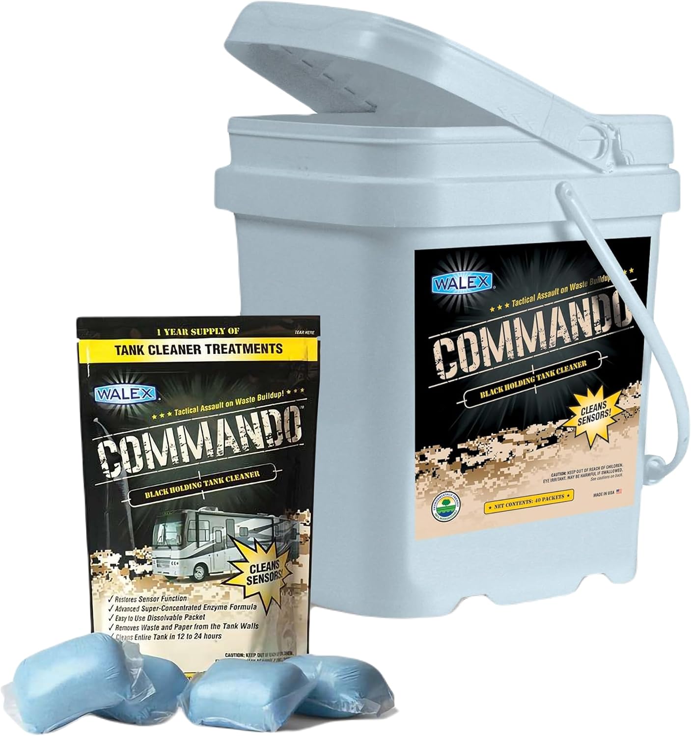 Walex Commando RV Black Holding Tank & Sensor Cleaner - Eliminates Waste & Paper Buildup, Restores Sensor Function, Lubricates Valves & Seals, Advanced Enzyme Formula; Dissolvable Packets, 40 Pack Walex Commando RV Black Holding Tank & Sensor Cleaner - Eliminates Waste & Paper Buildup, Restores Sensor Function, Lubricates Valves & Seals, Advanced Enzyme Formula; Dissolvable Packets, 40 Pack