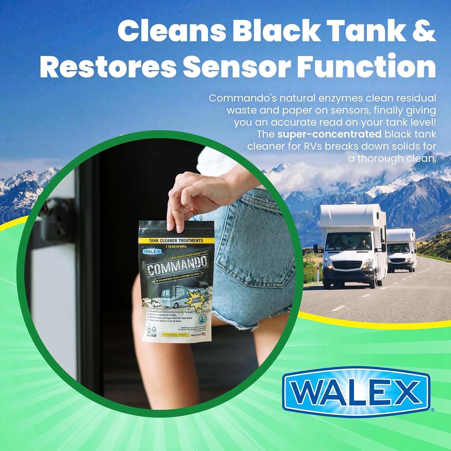 Walex Commando RV Black Holding Tank & Sensor Cleaner - Eliminates Waste & Paper Buildup, Restores Sensor Function, Lubricates Valves & Seals, Advanced Enzyme Formula; Dissolvable Packets, 40 Pack1