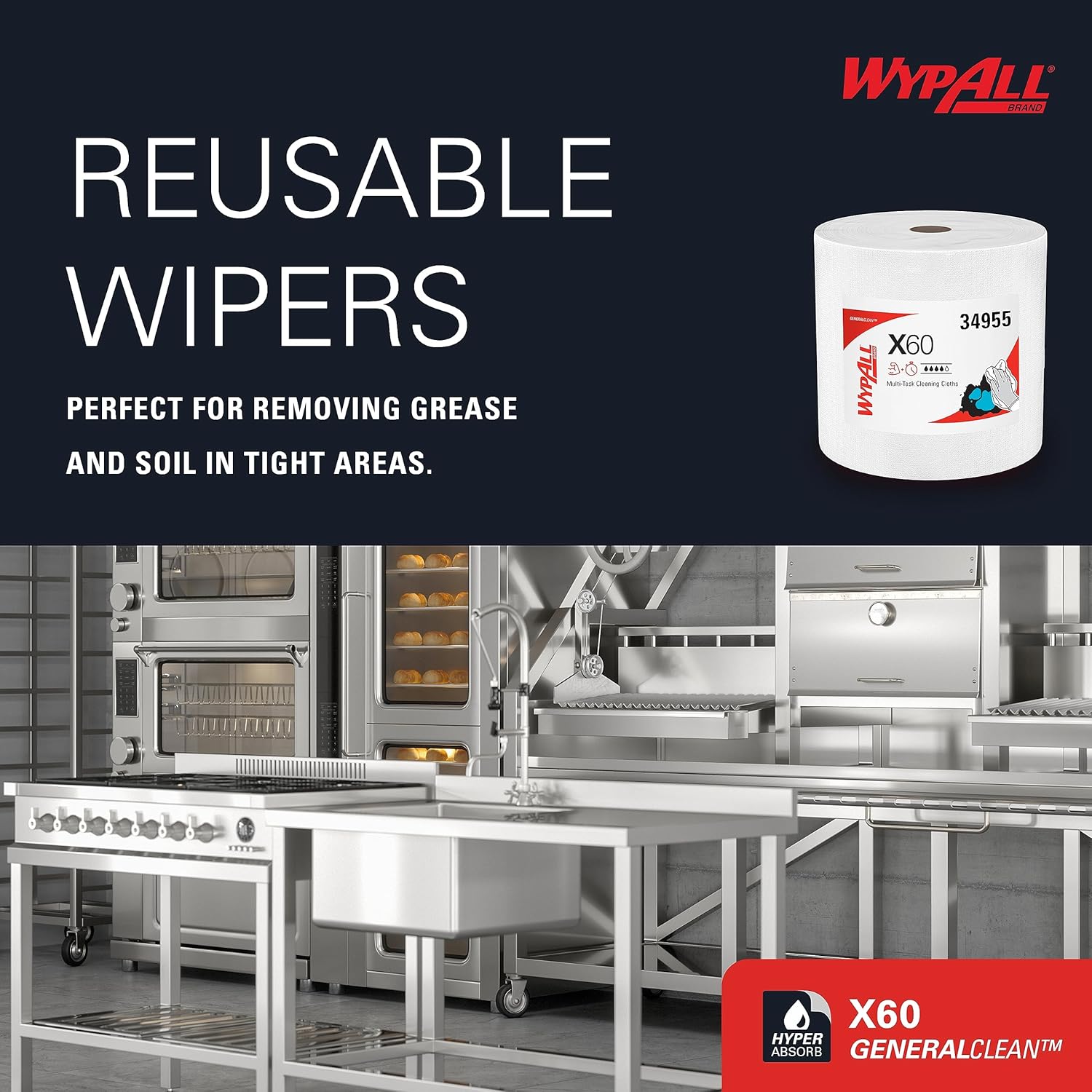 WypAll GeneralClean X60 Cloths Multi-Task Cleaning Wipes, Jumbo (34955), Strong and Absorbent Towels, White (1 Roll of 1,100 Sheets, 1,100 Sheet Total)11