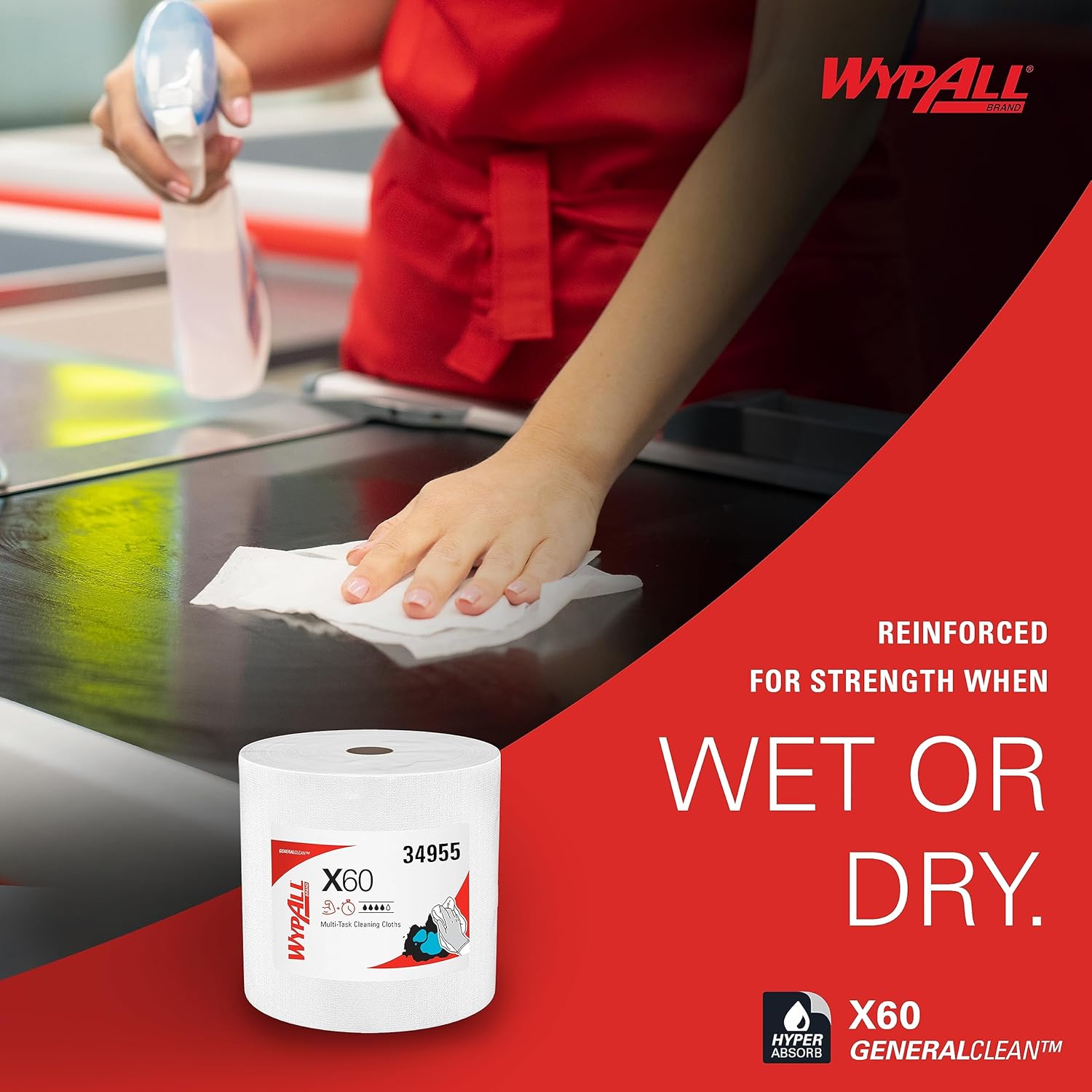 WypAll GeneralClean X60 Cloths Multi-Task Cleaning Wipes, Jumbo (34955), Strong and Absorbent Towels, White (1 Roll of 1,100 Sheets, 1,100 Sheet Total)2