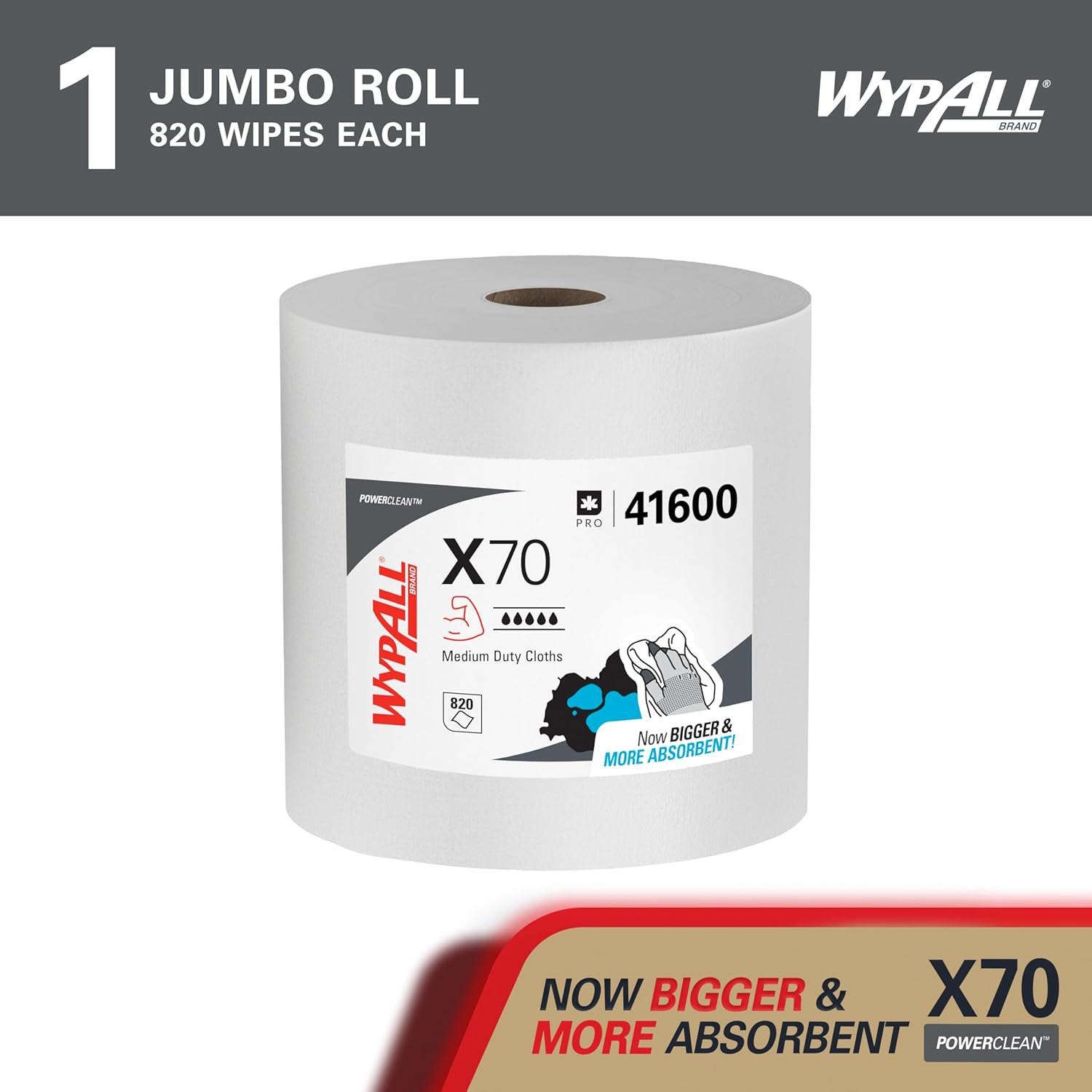 WypAll PowerClean X70 Cloths Medium Duty Wipes (41600), Jumbo, Long Lasting Towels, White (1 Roll of 870 Sheets, 870 Sheet Total)`