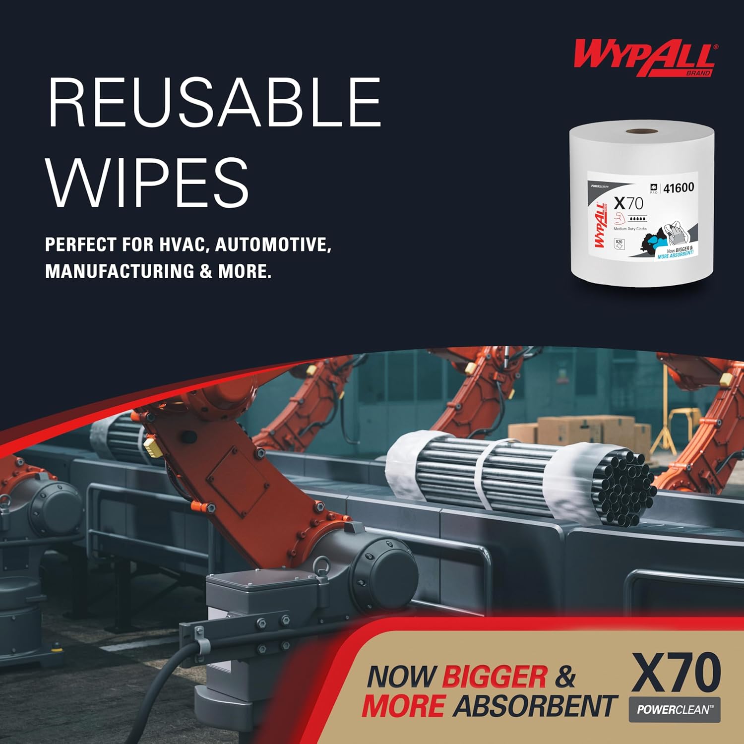 WypAll PowerClean X70 Cloths Medium Duty Wipes (41600), Jumbo, Long Lasting Towels, White (1 Roll of 870 Sheets, 870 Sheet Total)7