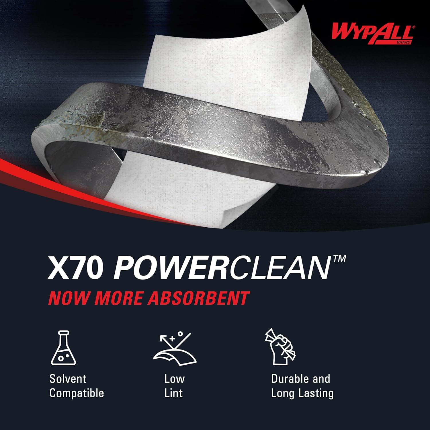 WypAll PowerClean X70 Cloths Medium Duty Wipes (41600), Jumbo, Long Lasting Towels, White (1 Roll of 870 Sheets, 870 Sheet Total)8
