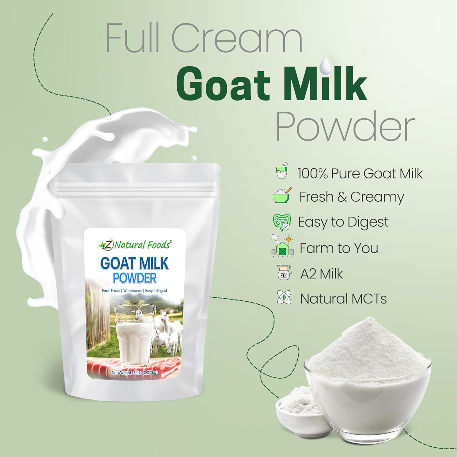 Z Natural Foods Goat Milk Powder - Pure Netherlands Full Cream Milk, Powdered Goat Milk, Highly Nutritious, Easy Digestion - Whole Goats Milk for Adults for Smoothies, Cooking, Baking, 5 lbs4