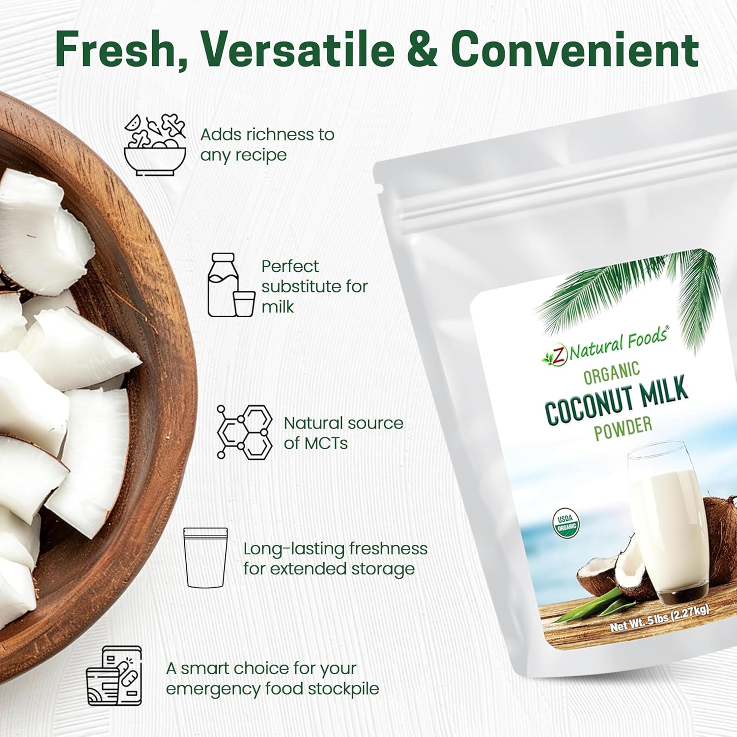 Z Natural Foods Organic Coconut Milk Powder - All-Natural Vegan Dairy-Free Alternative with MCTs - Unsweetened Coconut Creamer for Coffee & Smoothies - Gluten-Free, Non-GMO, 5 lbs7