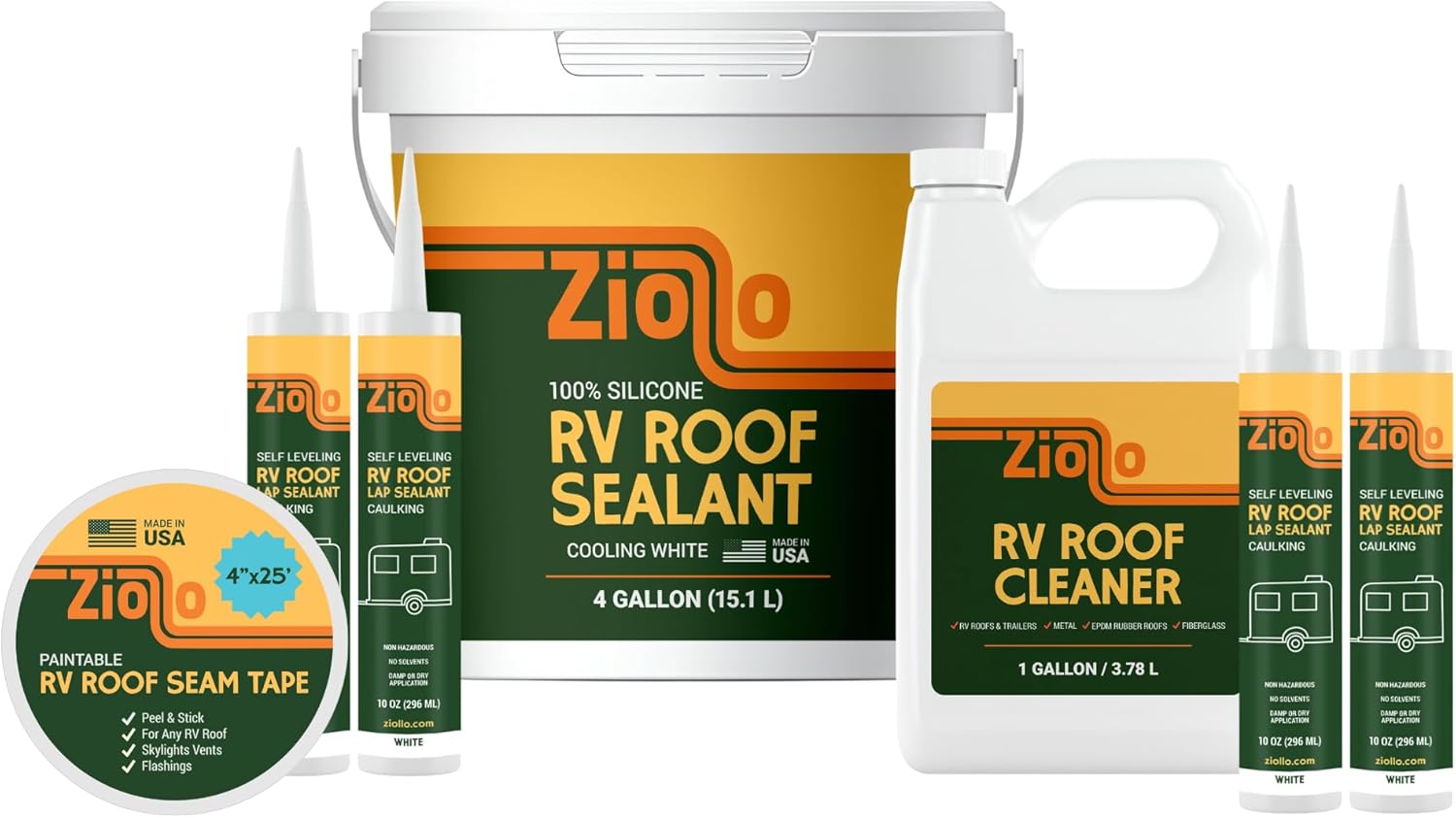 Ziollo RV 30 ft Roof Repair Kit - Roof Repair Kit to Seal and Waterproof, Bond to EPDM Rubber with Sealant (1 Paintable Tape, 4 pk Caulking, 1 Cleaner and 4G Silicone Pail) Ziollo RV 30 ft Roof Repair Kit - Roof Repair Kit to Seal and Waterproof, Bond to EPDM Rubber with Sealant (1 Paintable Tape, 4 pk Caulking, 1 Cleaner and 4G Silicone Pail)