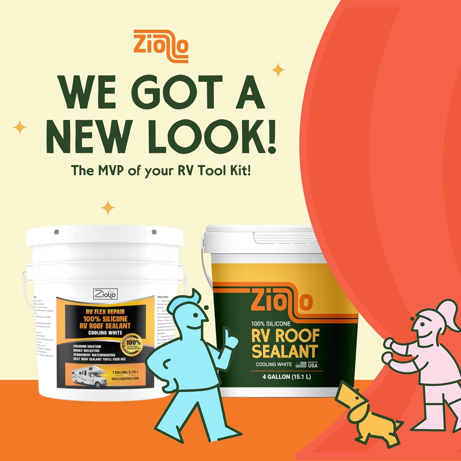Ziollo RV 30 ft Roof Repair Kit - Roof Repair Kit to Seal and Waterproof, Bond to EPDM Rubber with Sealant (1 Paintable Tape, 4 pk Caulking, 1 Cleaner and 4G Silicone Pail)1