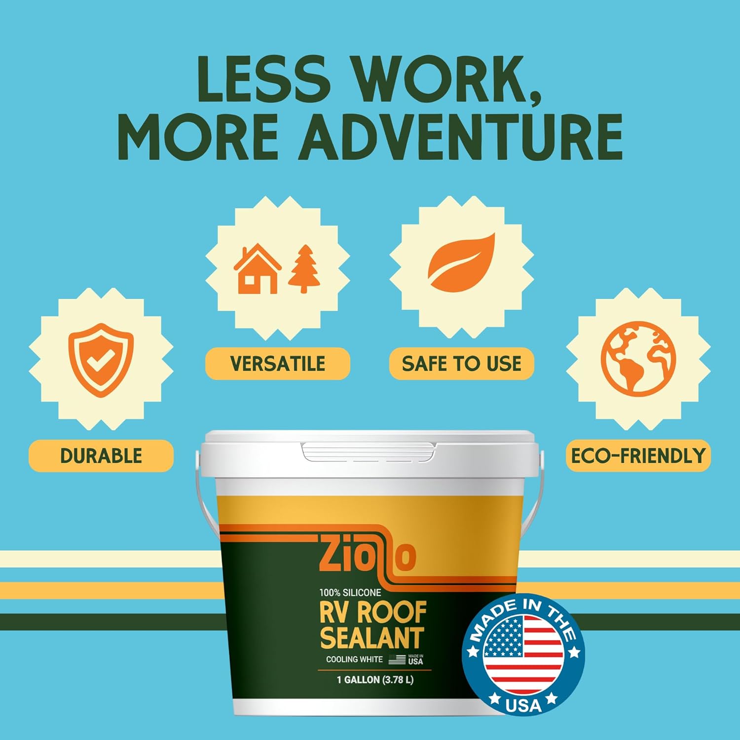 Ziollo RV 30 ft Roof Repair Kit - Roof Repair Kit to Seal and Waterproof, Bond to EPDM Rubber with Sealant (1 Paintable Tape, 4 pk Caulking, 1 Cleaner and 4G Silicone Pail)16