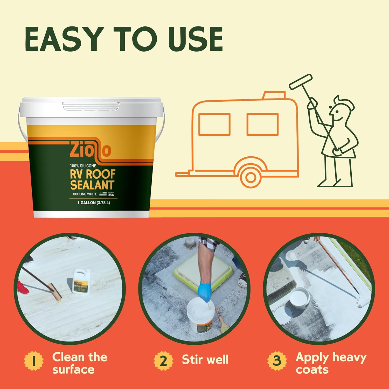 Ziollo RV 30 ft Roof Repair Kit - Roof Repair Kit to Seal and Waterproof, Bond to EPDM Rubber with Sealant (1 Paintable Tape, 4 pk Caulking, 1 Cleaner and 4G Silicone Pail)3