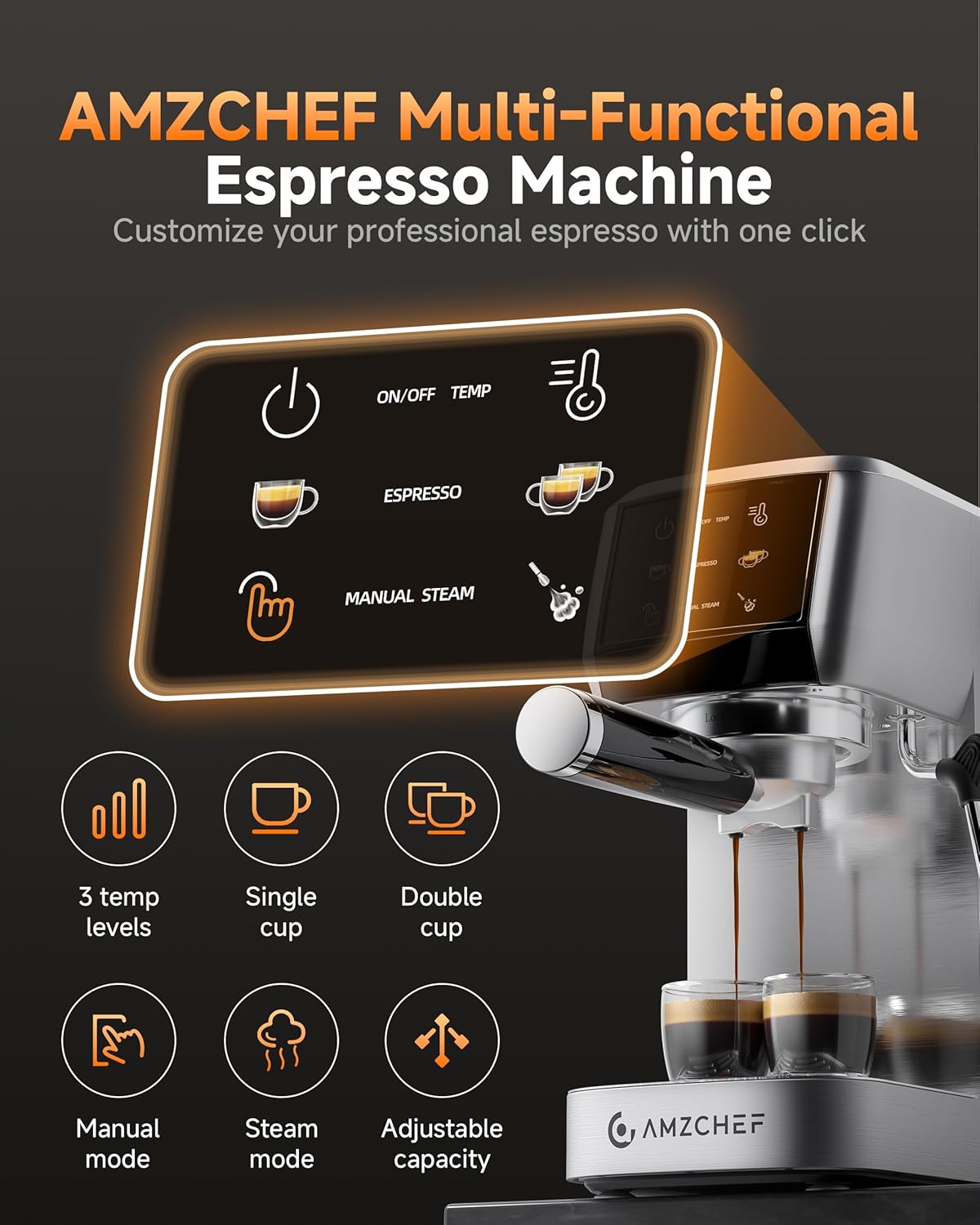 AMZCHEF Espresso Machine 20 Bar Professional Coffee Maker with Milk Frother, Adjustable Temperature & Pressure, Stainless Steel Espresso Maker for Cappuccino, Latte, Mocha, 44oz Removable Water Tank1