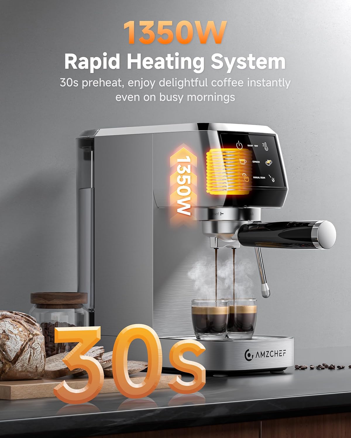 AMZCHEF Espresso Machine 20 Bar Professional Coffee Maker with Milk Frother, Adjustable Temperature & Pressure, Stainless Steel Espresso Maker for Cappuccino, Latte, Mocha, 44oz Removable Water Tank56