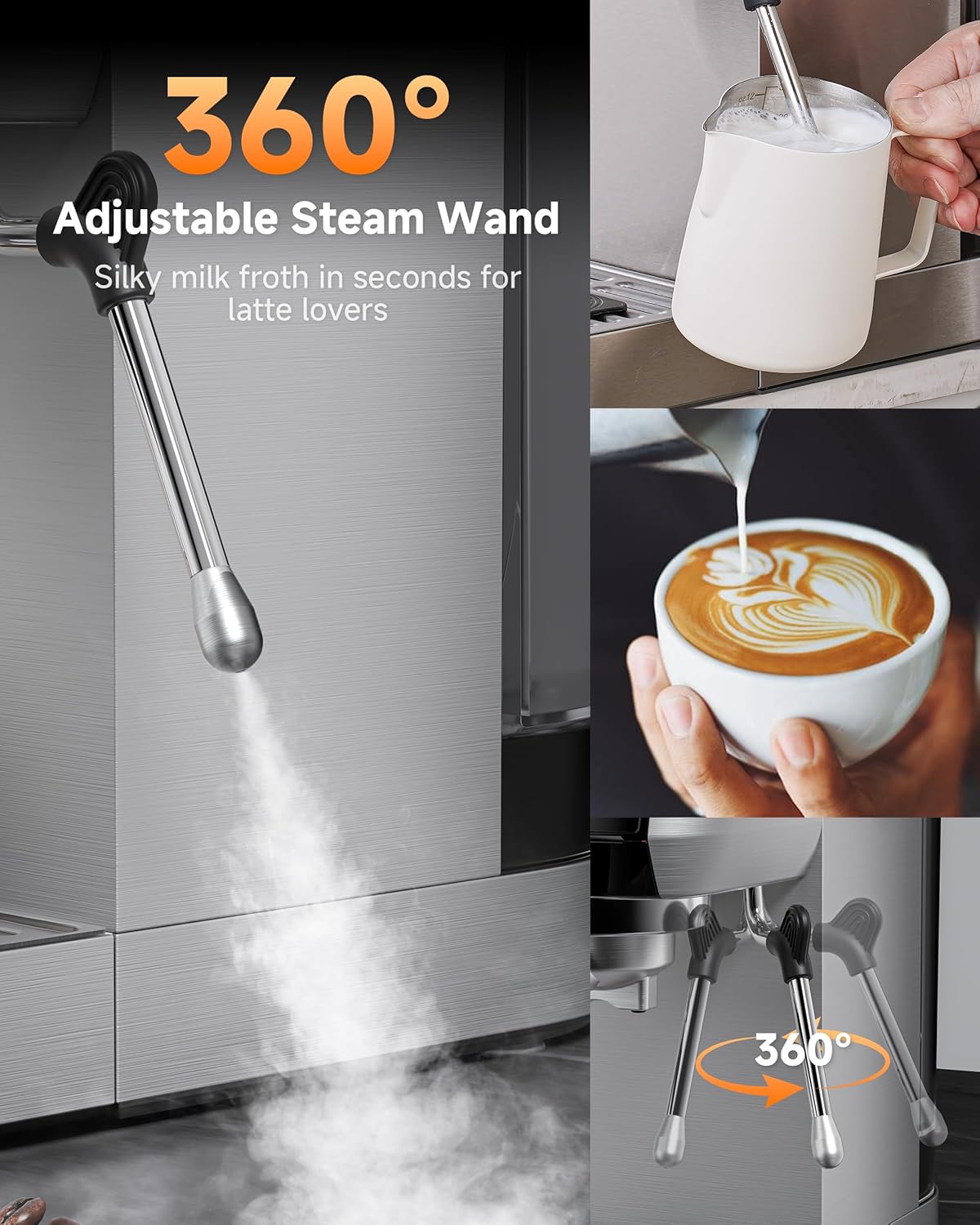 AMZCHEF Espresso Machine 20 Bar Professional Coffee Maker with Milk Frother, Adjustable Temperature & Pressure, Stainless Steel Espresso Maker for Cappuccino, Latte, Mocha, 44oz Removable Water Tank7