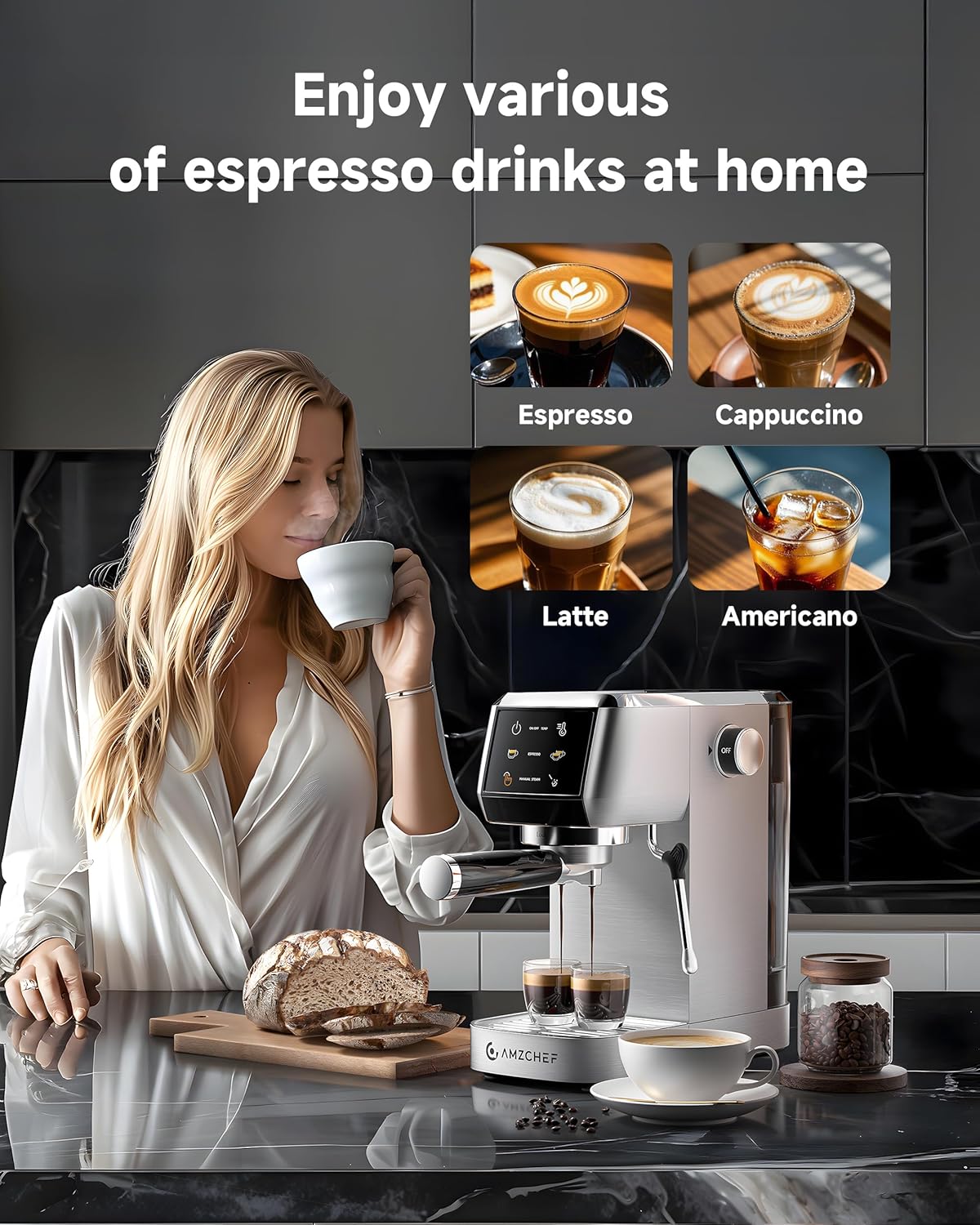 AMZCHEF Espresso Machine 20 Bar Professional Coffee Maker with Milk Frother, Adjustable Temperature & Pressure, Stainless Steel Espresso Maker for Cappuccino, Latte, Mocha, 44oz Removable Water Tank9