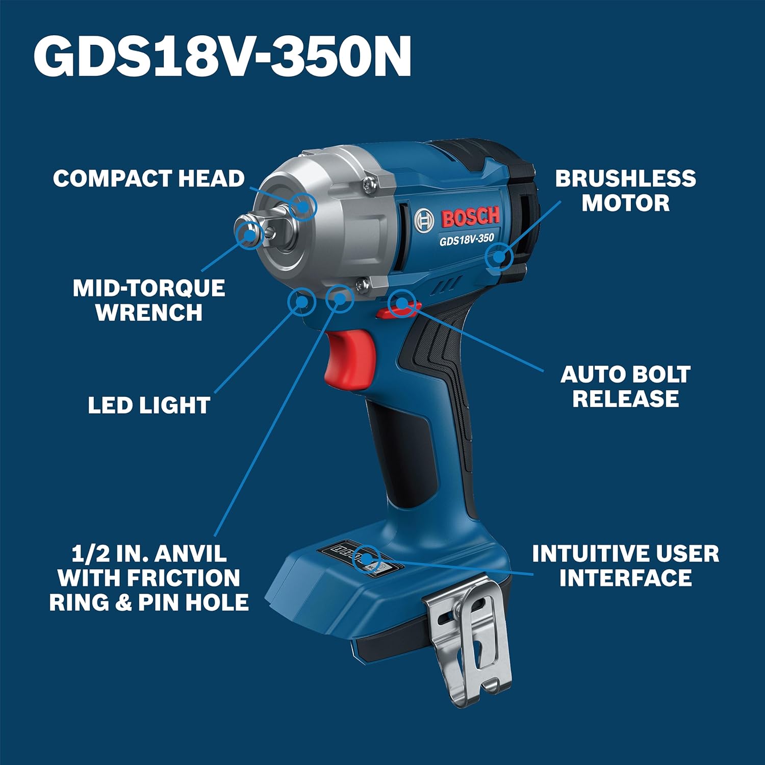 BOSCH GDS18V-350N 18V Brushless ½ In. Mid Torque Impact Wrench - 410 Ft.-Lbs Breakaway Torque, 250 Ft.-Lbs Fastening Torque, Compact Design (Bare Tool)1
