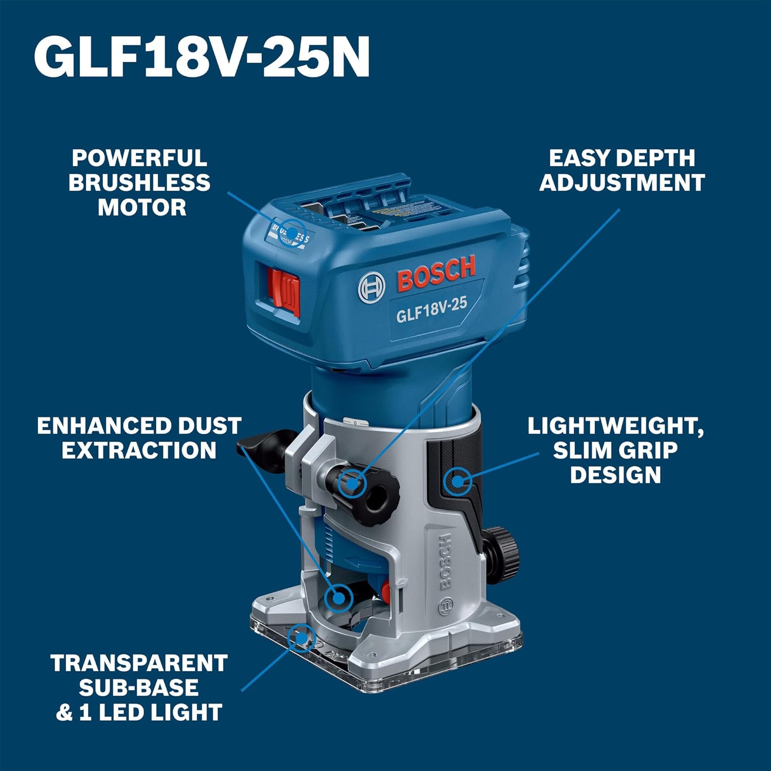 BOSCH GLF18V-25N 18V Laminate Trim Router - Powerful Brushless Motor, 10,000-30,000 RPM, Lightweight, Ergonomic, Enhanced Dust Extraction, Quick Depth Adjustments for Precise Trimming1
