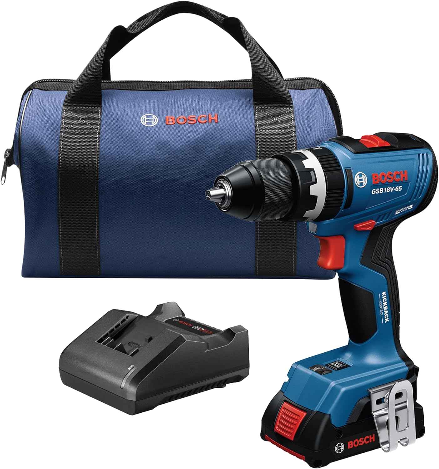 BOSCH GSB18V-65B12 1 2 In. Brushless Hammer Drill Driver Kit - 575 In.-Lbs. Max Torque, Switchable KickBack Control, Rapid Mode Selector, Dual LED Worklights, Battery and Charger Kit Included BOSCH GSB18V-65B12 1/2 In. Brushless Hammer Drill/Driver Kit - 575 In.-Lbs. Max Torque, Switchable KickBack Control, Rapid Mode Selector, Dual LED Worklights, Battery and Charger Kit Included