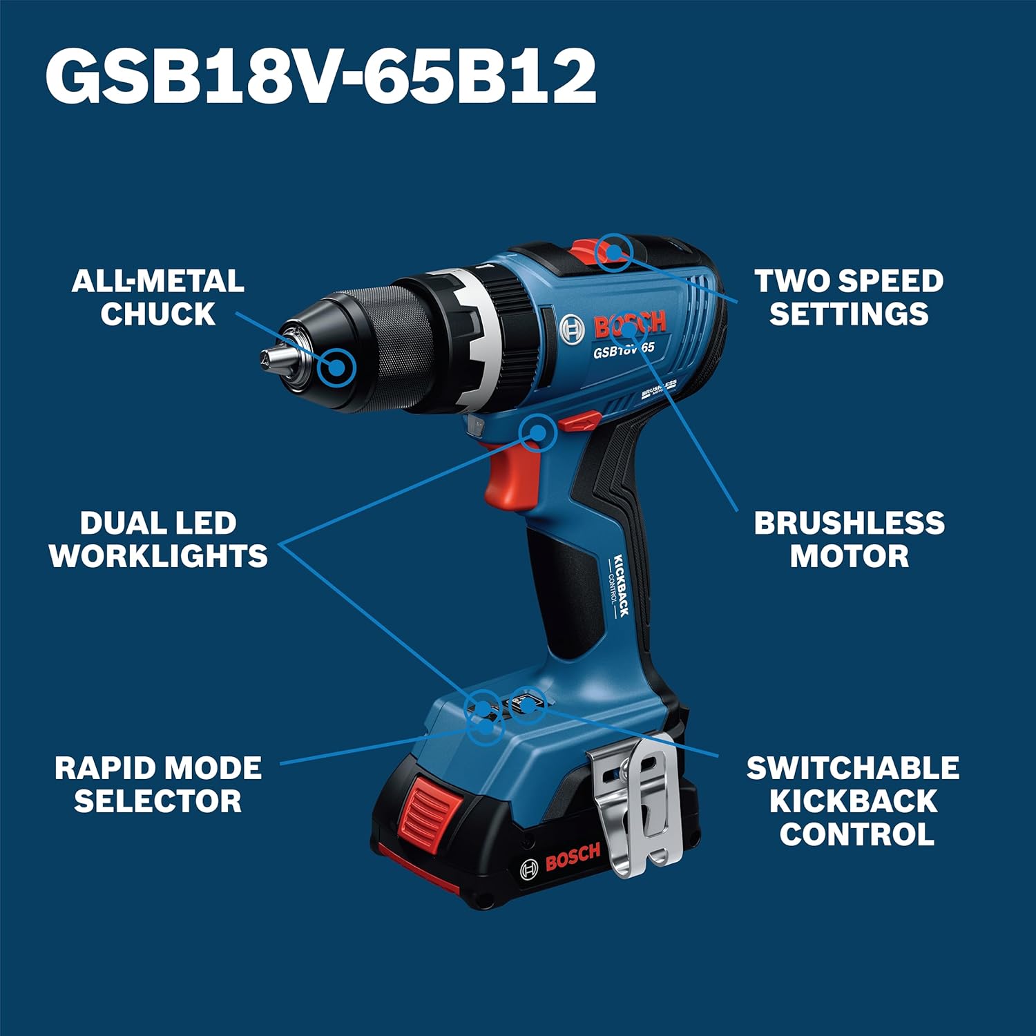 BOSCH GSB18V-65B12 1 2 In. Brushless Hammer Drill Driver Kit - 575 In.-Lbs. Max Torque, Switchable KickBack Control, Rapid Mode Selector, Dual LED Worklights, Battery and Charger Kit Included1