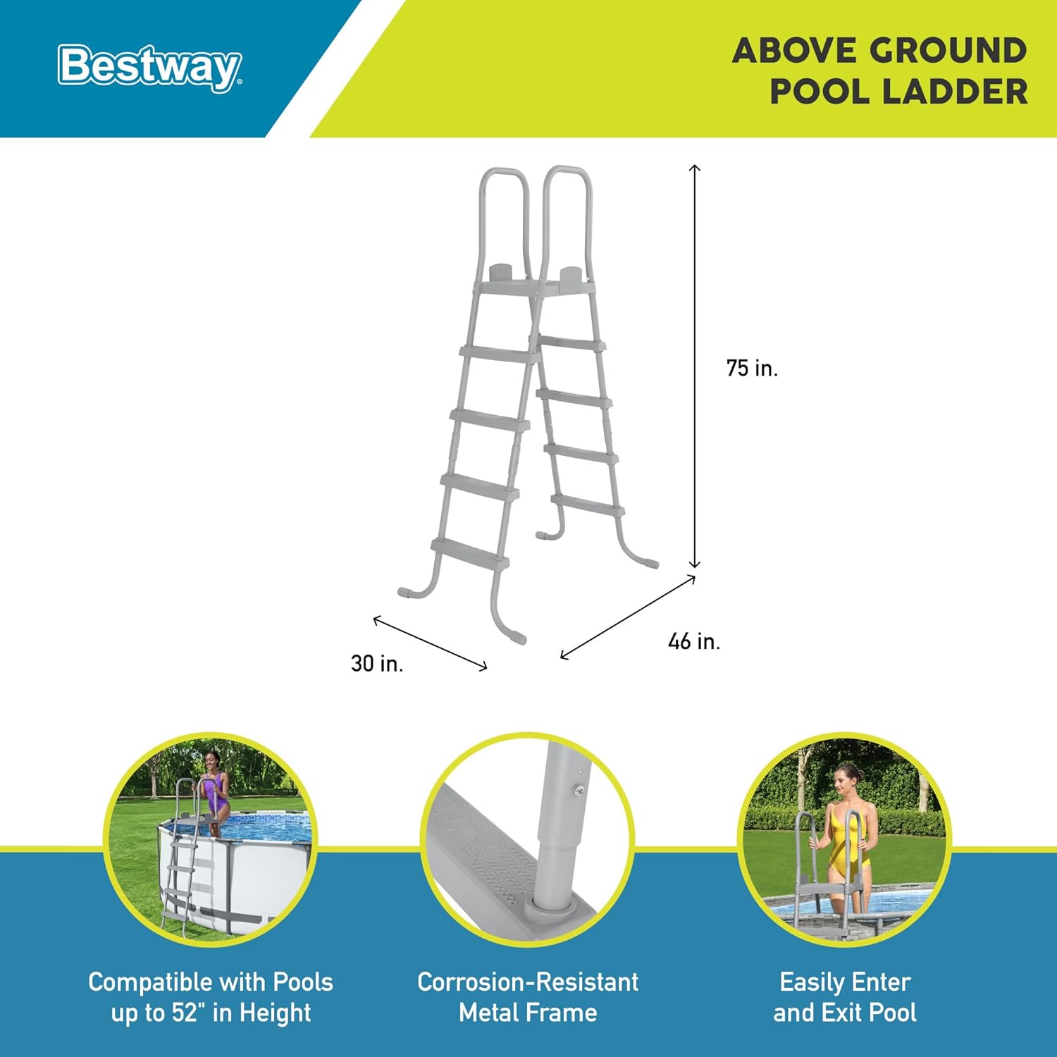 Bestway Flowclear 52 Inch Versatile Metal A Frame Above Ground Swimming Pool Ladder with Heavy Duty Plastic Double Sided Steps1