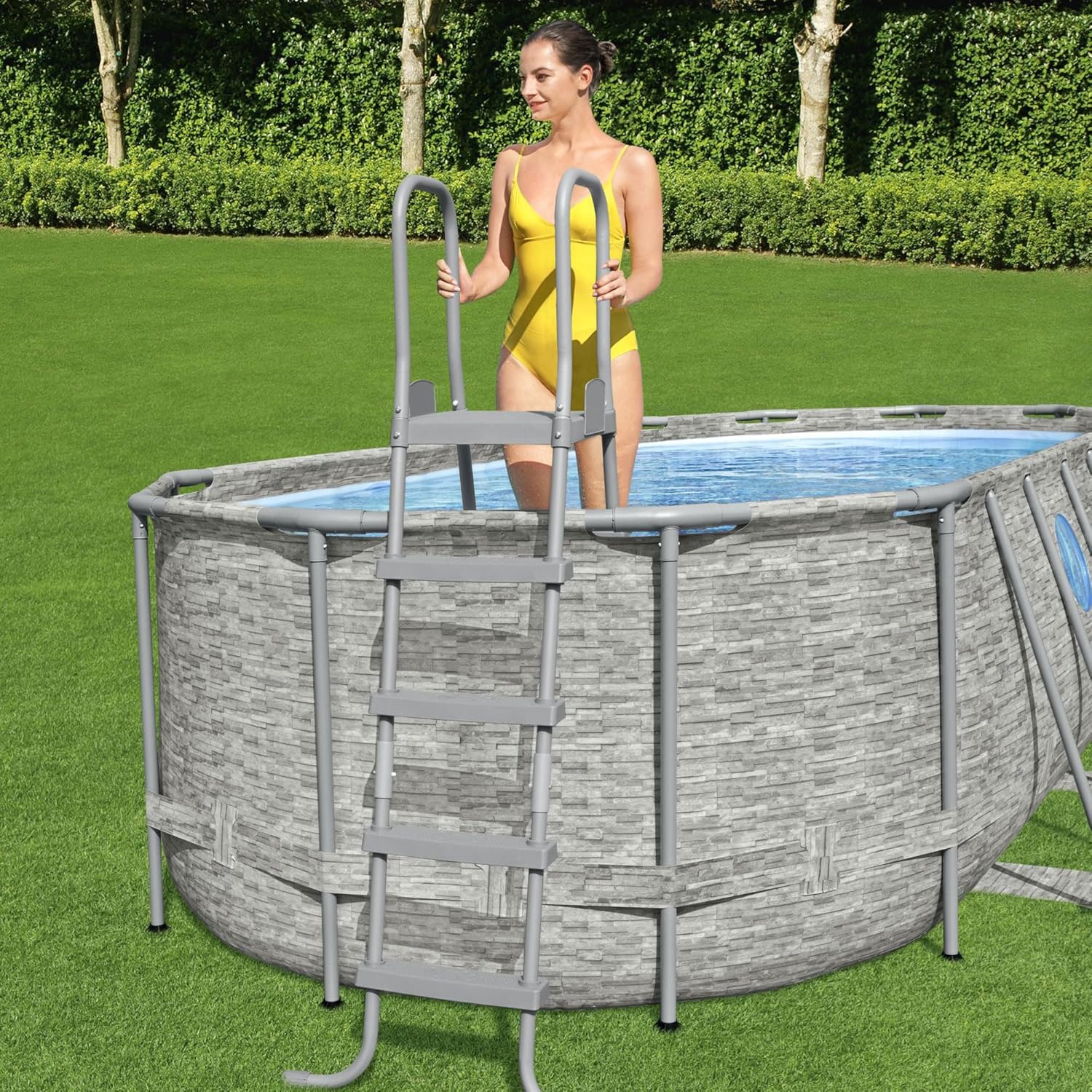 Bestway Flowclear 52 Inch Versatile Metal A Frame Above Ground Swimming Pool Ladder with Heavy Duty Plastic Double Sided Steps2