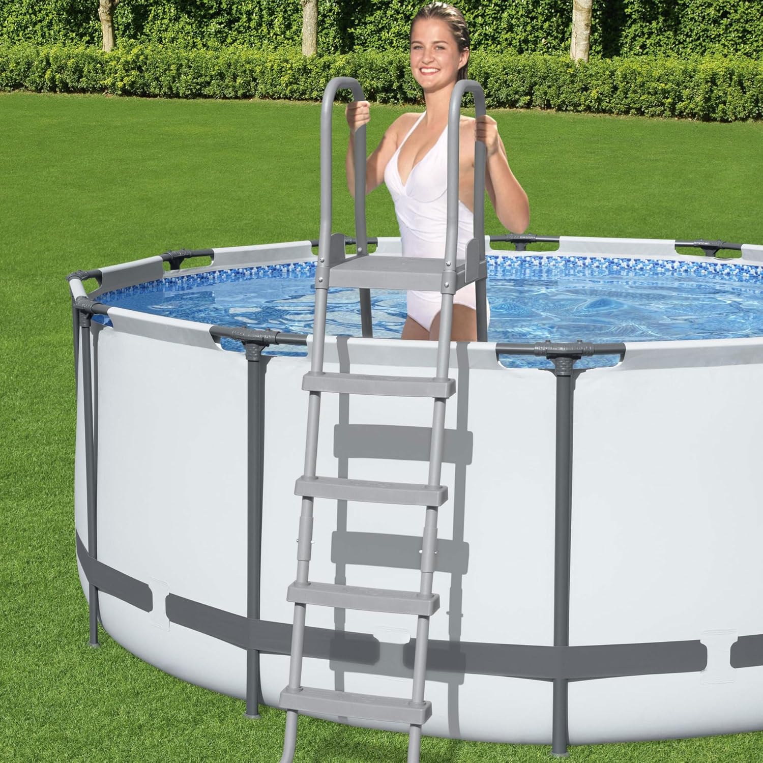 Bestway Flowclear 52 Inch Versatile Metal A Frame Above Ground Swimming Pool Ladder with Heavy Duty Plastic Double Sided Steps4