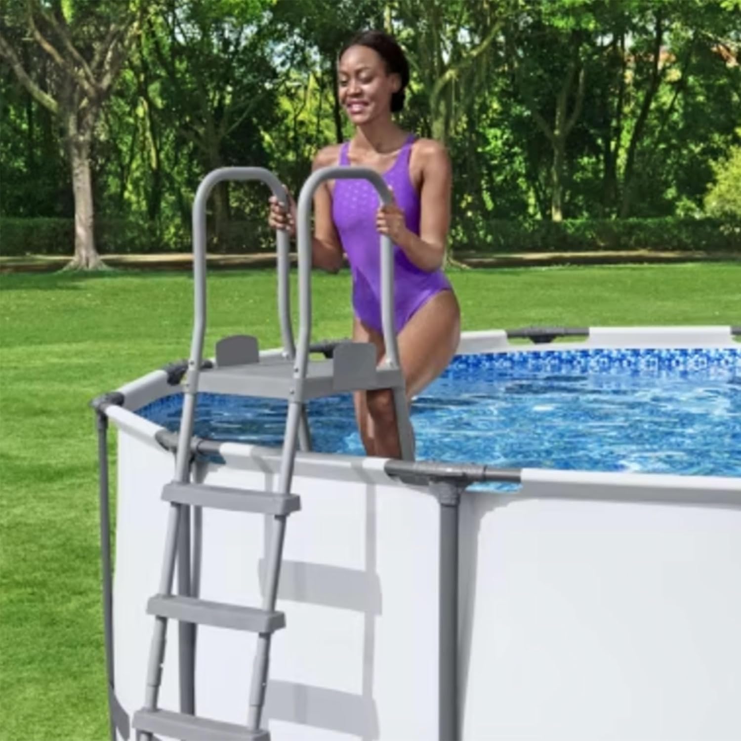 Bestway Flowclear 52 Inch Versatile Metal A Frame Above Ground Swimming Pool Ladder with Heavy Duty Plastic Double Sided Steps67