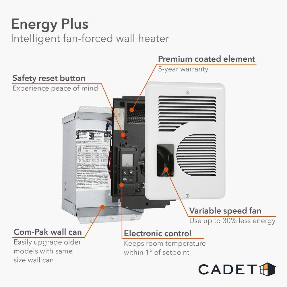 Cadet CEC163TW 240 208 120-volt 1,600 1,500 1,000-watt Energy Plus In-wall Fan-forced Electric Heater in White with Digital Thermostat0