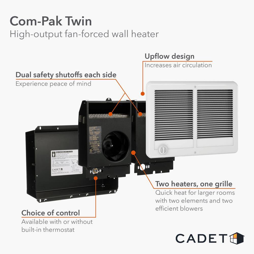 Cadet CST402T 240 208-volt 4,000 3,000-watt Com-Pak Twin In-wall Fan-forced Replacement Electric Heater Assembly with Thermostat8