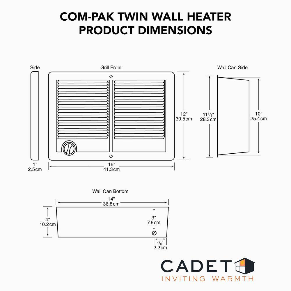 Cadet CSTC302W 240 208-volt 3,000 2,250-watt Com-Pak Twin In-wall Fan-forced Electric Heater in White12