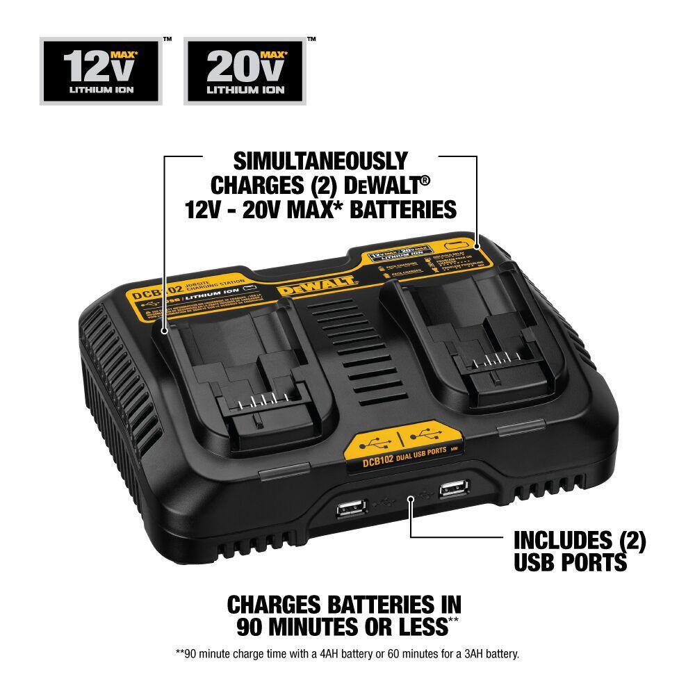 DEWALT DCB102 12V to 20V MAX Lithium-Ion Dual Port Jobsite Charging Station with (2) USB Ports2