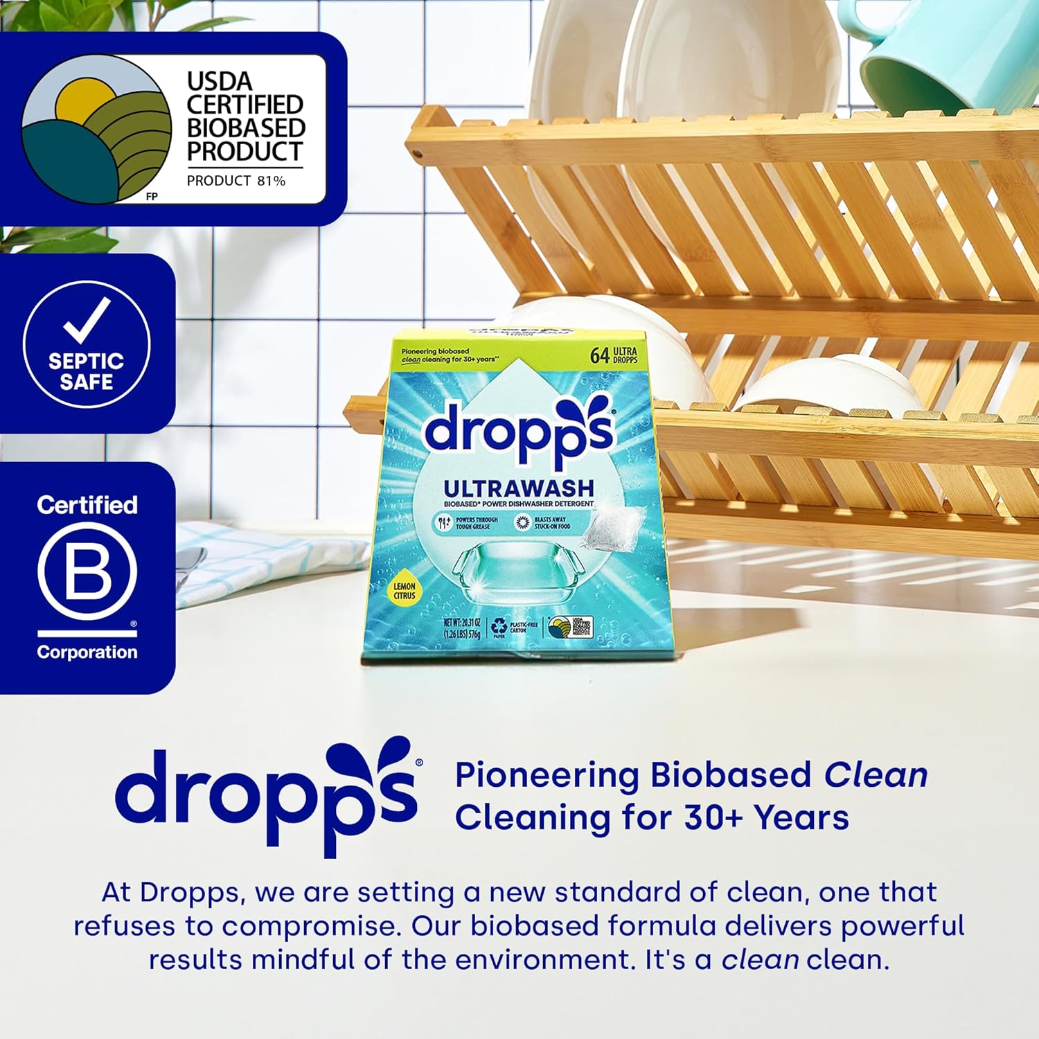 Dropps UltraWash Dishwasher Pods, Fresh Rain (120 Count) - Biobased Power Deep Clean Dishwasher Detergent Tablets for Sparkling Shiny Dishes - No Rinse Aid or Pre-Wash Needed - Dishwashing Pods0
