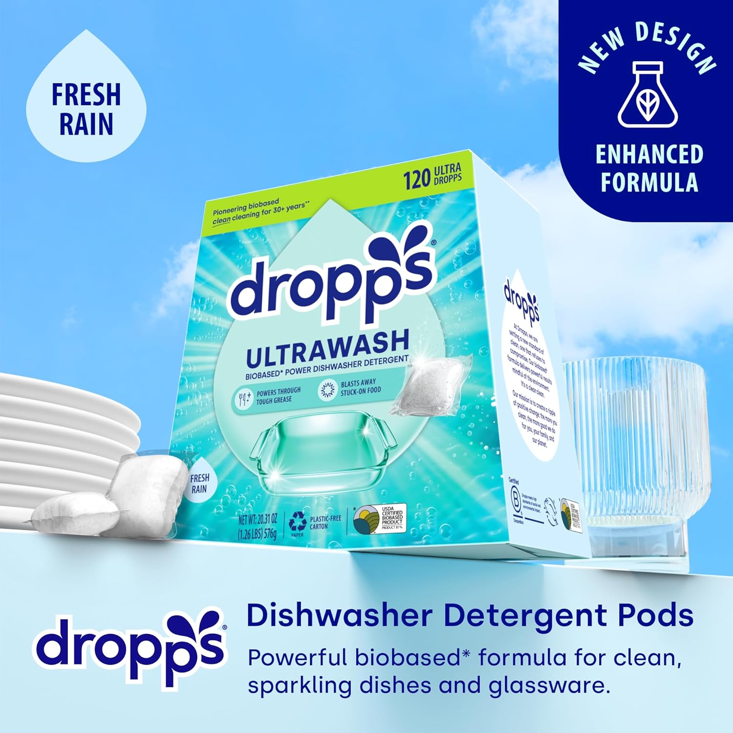Dropps UltraWash Dishwasher Pods, Fresh Rain (120 Count) - Biobased Power Deep Clean Dishwasher Detergent Tablets for Sparkling Shiny Dishes - No Rinse Aid or Pre-Wash Needed - Dishwashing Pods1