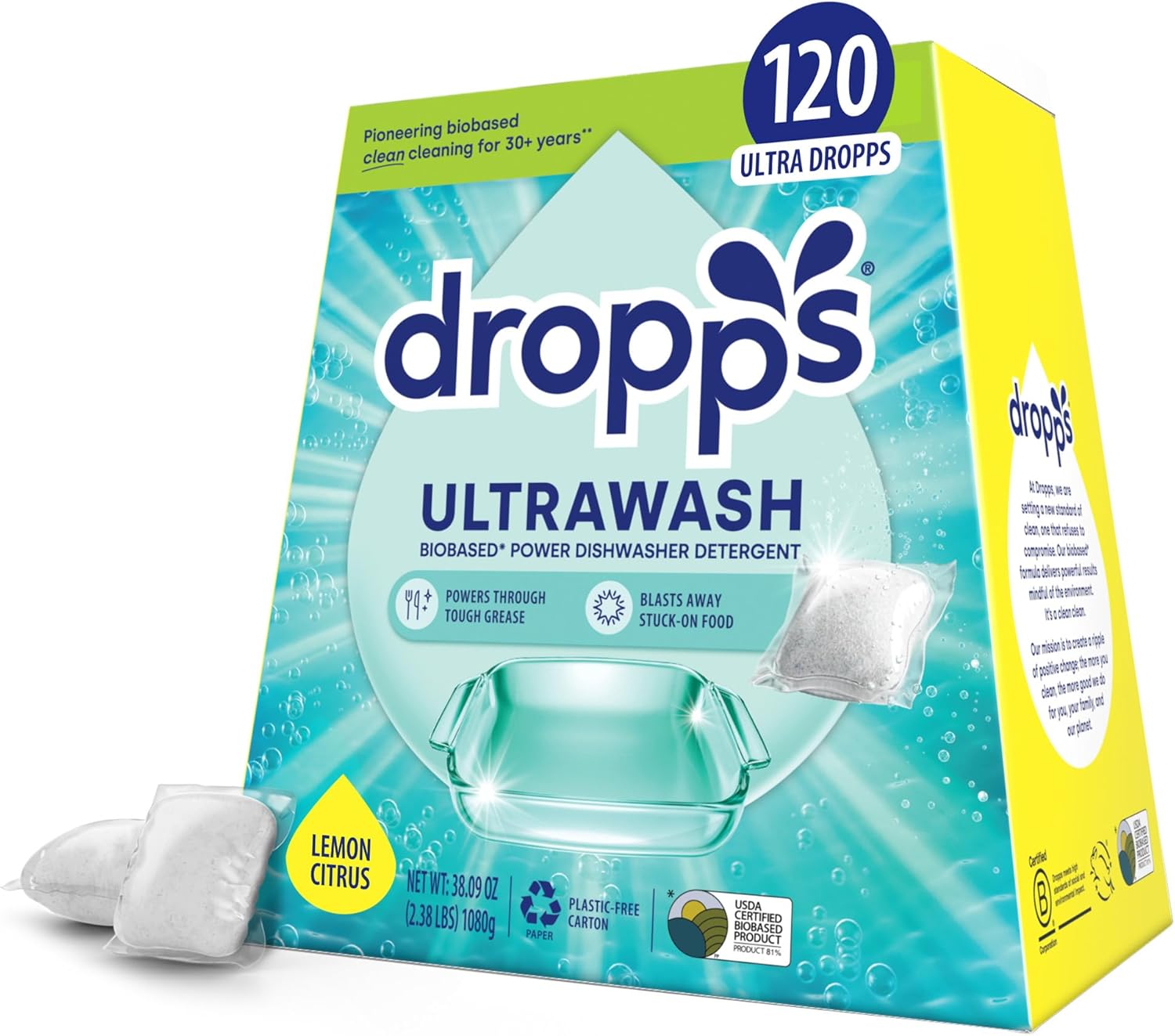 Dropps UltraWash Dishwasher Pods, Lemon Citrus (120 Count) - Biobased Power Deep Clean Dishwasher Detergent Tablets for Sparkling Shiny Dishes - No Rinse Aid or Pre-Wash Needed - Dishwashing Pods Dropps UltraWash Dishwasher Pods, Lemon Citrus (120 Count) - Biobased Power Deep Clean Dishwasher Detergent Tablets for Sparkling Shiny Dishes - No Rinse Aid or Pre-Wash Needed - Dishwashing Pods