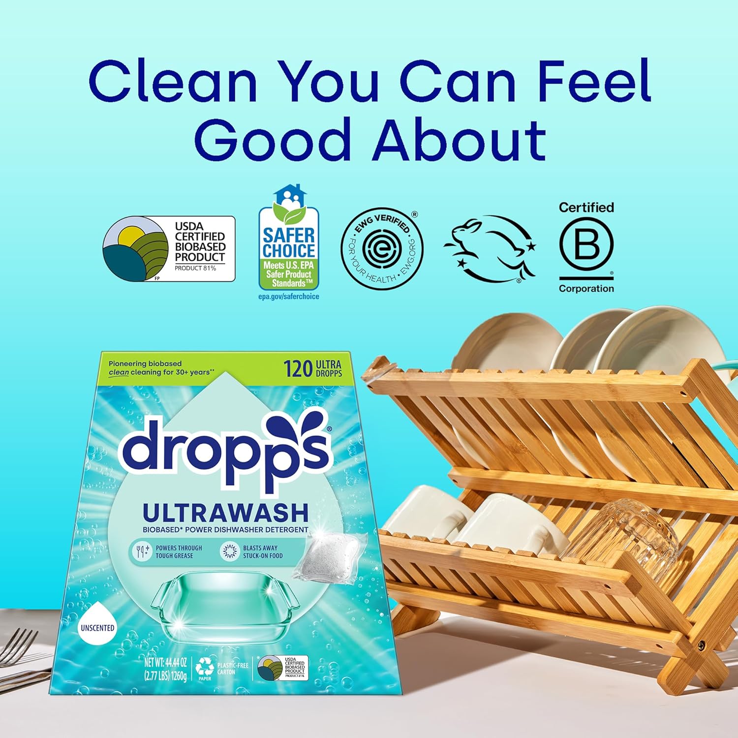 Dropps UltraWash Dishwasher Pods, Unscented (120 Count) - Biobased Power Deep Clean Dishwasher Detergent Tablets for Sparkling Shiny Dishes - No Rinse Aid or Pre-Wash Needed - Dishwashing Pods-