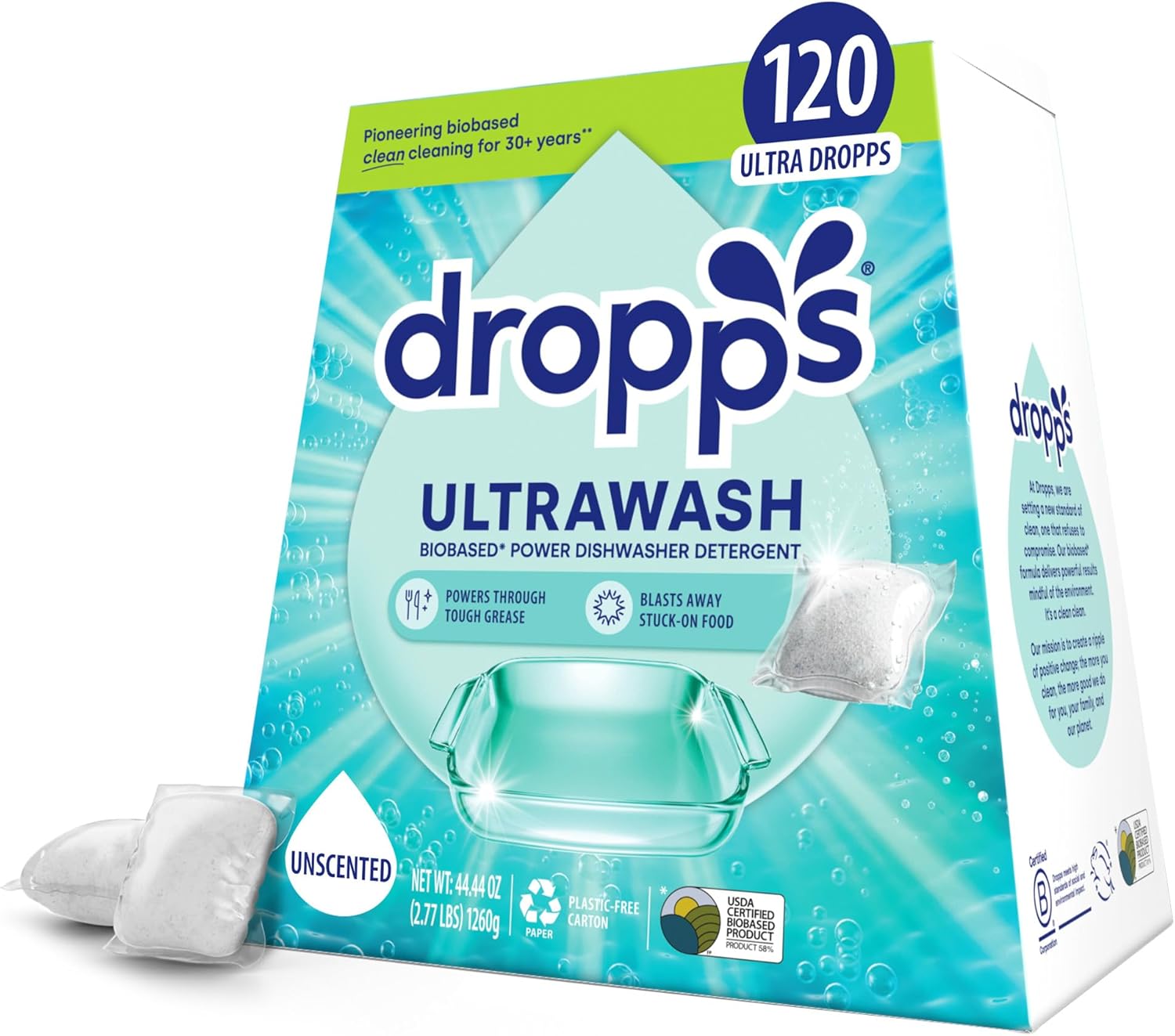 Dropps UltraWash Dishwasher Pods, Unscented (120 Count) - Biobased Power Deep Clean Dishwasher Detergent Tablets for Sparkling Shiny Dishes - No Rinse Aid or Pre-Wash Needed - Dishwashing Pods Dropps UltraWash Dishwasher Pods, Unscented (120 Count) - Biobased Power Deep Clean Dishwasher Detergent Tablets for Sparkling Shiny Dishes - No Rinse Aid or Pre-Wash Needed - Dishwashing Pods