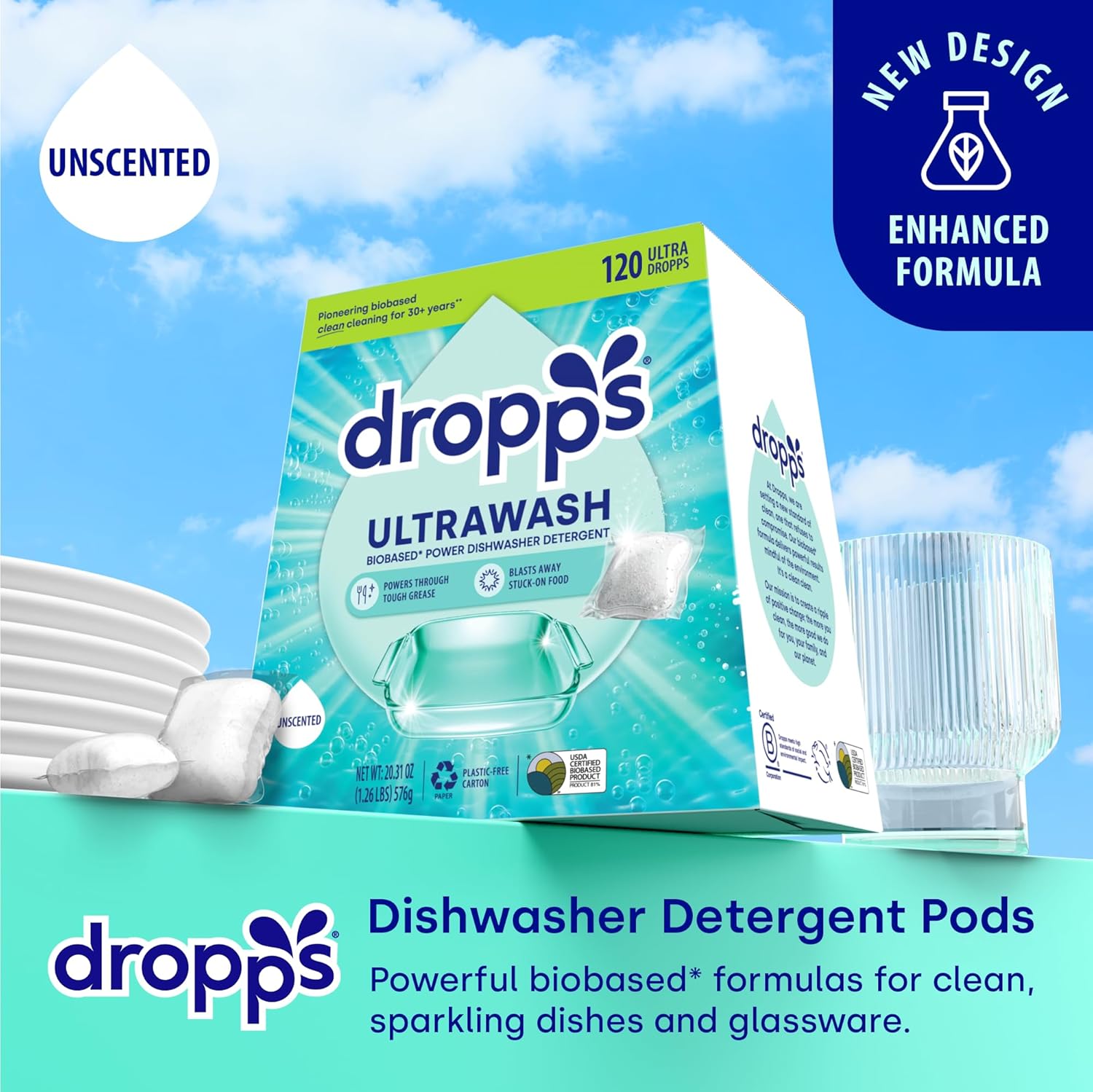 Dropps UltraWash Dishwasher Pods, Unscented (120 Count) - Biobased Power Deep Clean Dishwasher Detergent Tablets for Sparkling Shiny Dishes - No Rinse Aid or Pre-Wash Needed - Dishwashing Pods1