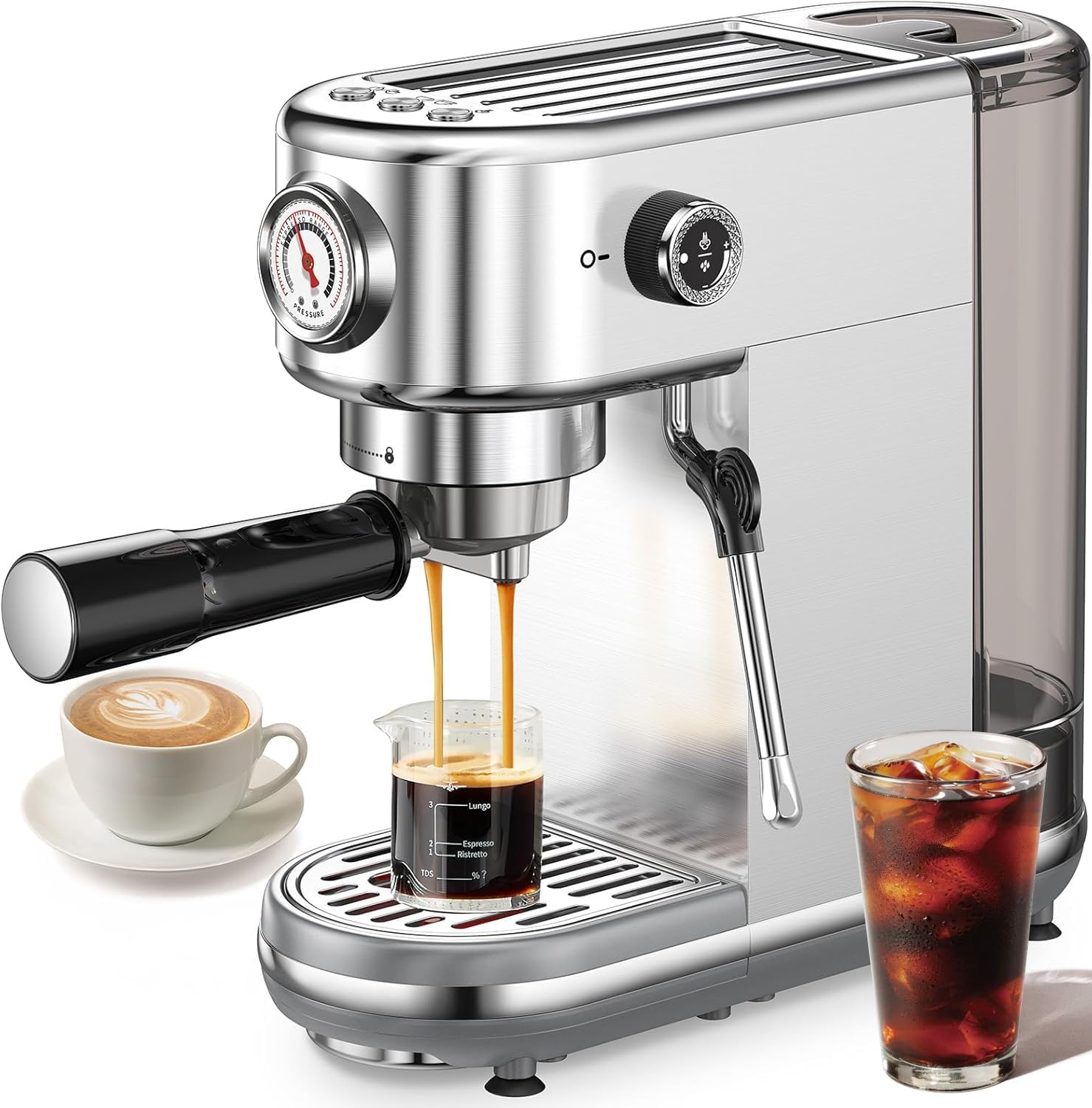 Espresso Machine with Milk Frother, 20 Bar High Pressure Professional Espresso Maker Automatic, Compact Stainless Steel Coffee Machine for Cappuccino, Latte, Gift for Coffee Lover, Silver Espresso Machine with Milk Frother, 20 Bar High Pressure Professional Espresso Maker Automatic, Compact Stainless Steel Coffee Machine for Cappuccino, Latte, Gift for Coffee Lover, Silver