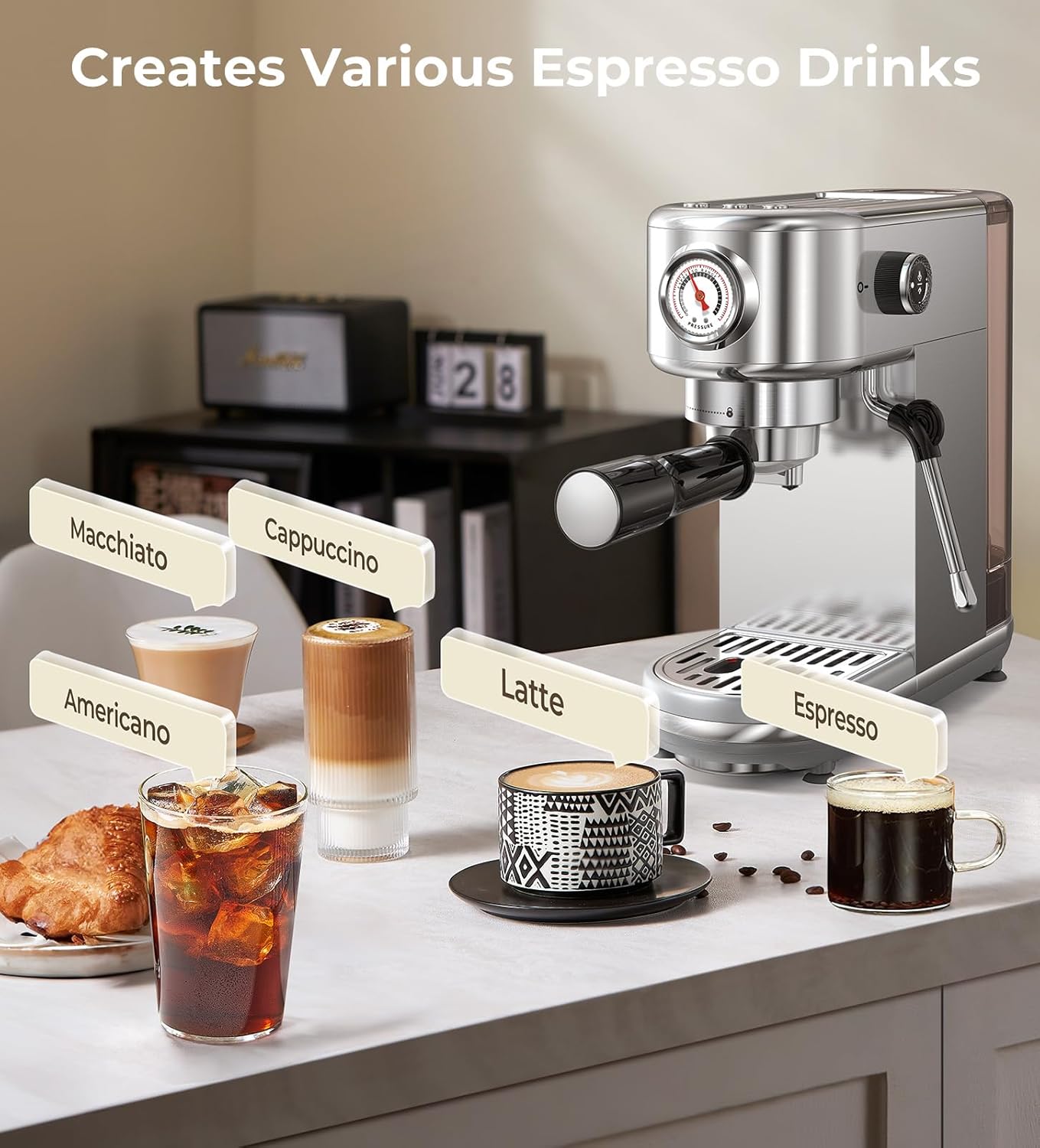 Espresso Machine with Milk Frother, 20 Bar High Pressure Professional Espresso Maker Automatic, Compact Stainless Steel Coffee Machine for Cappuccino, Latte, Gift for Coffee Lover, Silver1