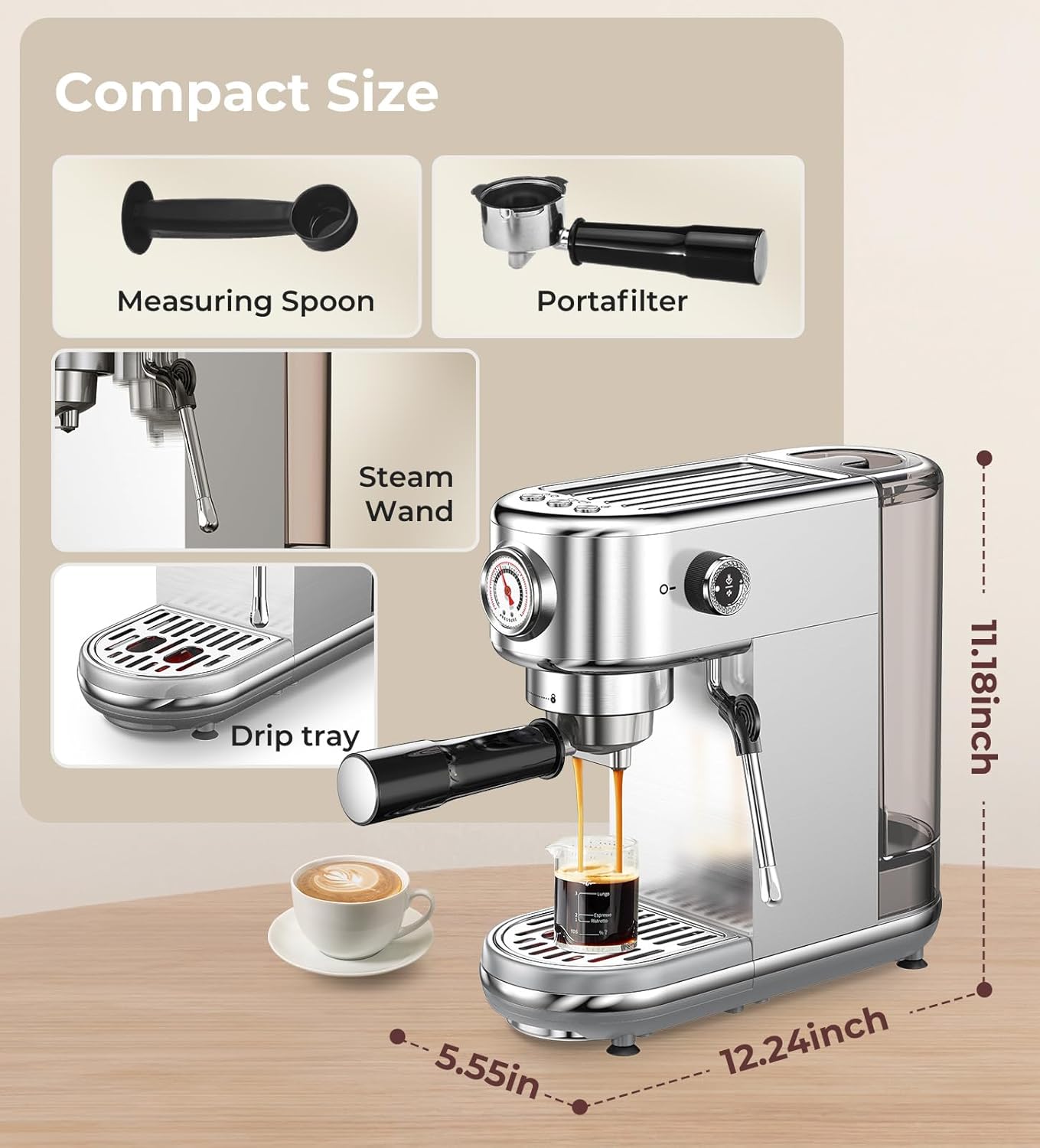 Espresso Machine with Milk Frother, 20 Bar High Pressure Professional Espresso Maker Automatic, Compact Stainless Steel Coffee Machine for Cappuccino, Latte, Gift for Coffee Lover, Silver13