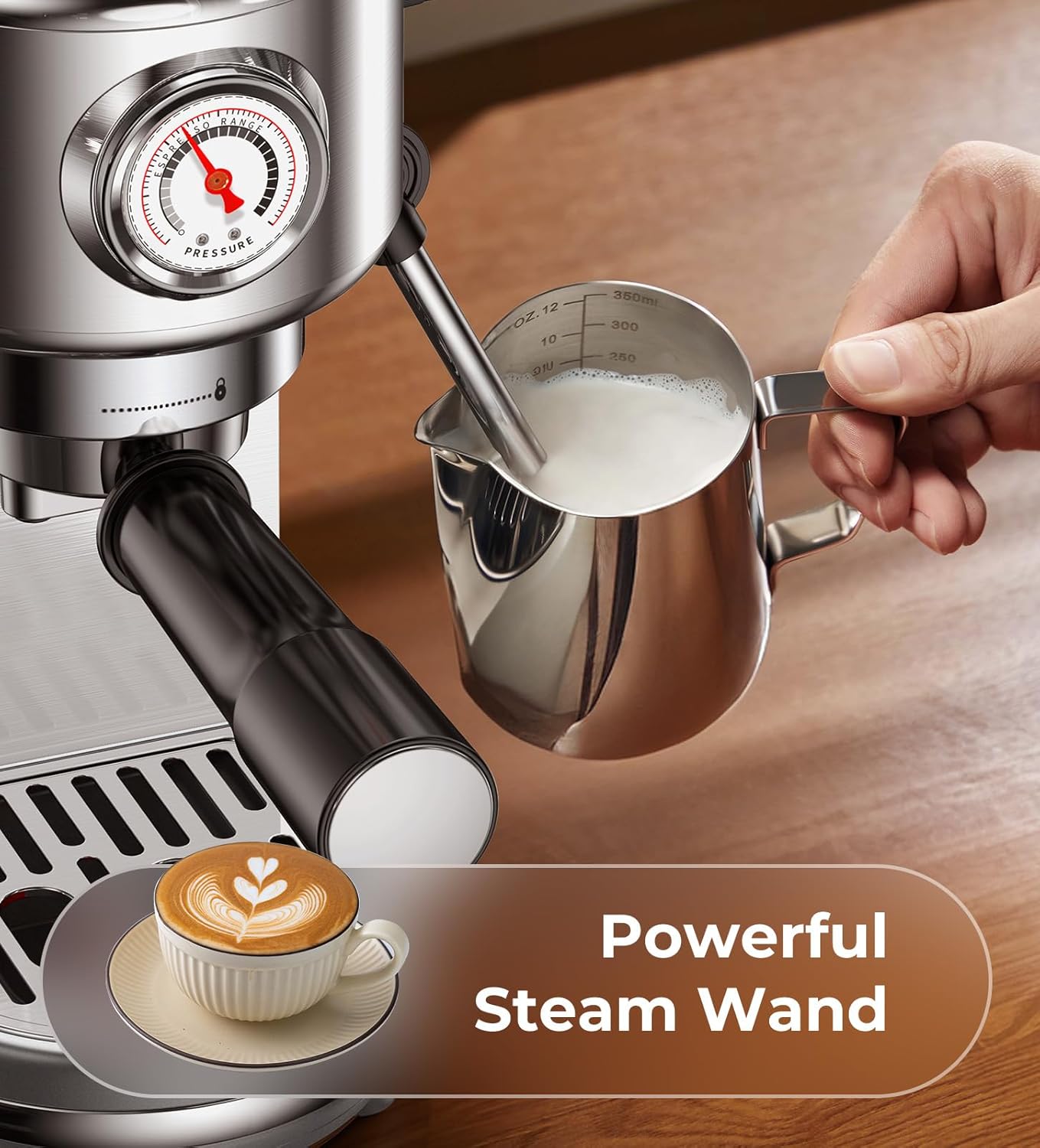 Espresso Machine with Milk Frother, 20 Bar High Pressure Professional Espresso Maker Automatic, Compact Stainless Steel Coffee Machine for Cappuccino, Latte, Gift for Coffee Lover, Silver8