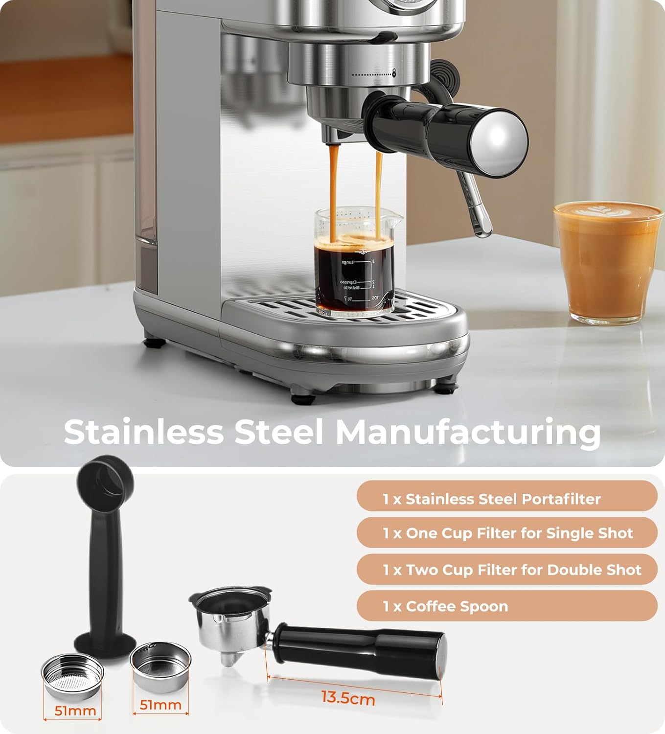 Espresso Machine with Milk Frother, 20 Bar High Pressure Professional Espresso Maker Automatic, Compact Stainless Steel Coffee Machine for Cappuccino, Latte, Gift for Coffee Lover, Silver9