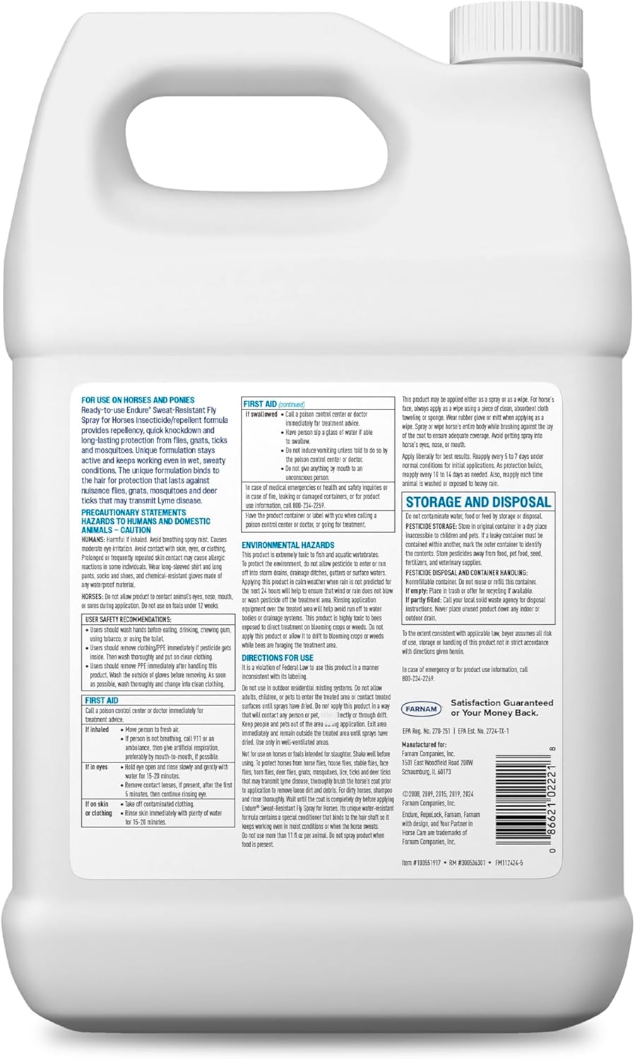 Farnam Endure Sweat-Resistant Fly Spray for Horses, Lasts Up to 14 Days, Protects Against Flies, Gnats, Mosquitoes, Ticks & Lice, 128 oz.15