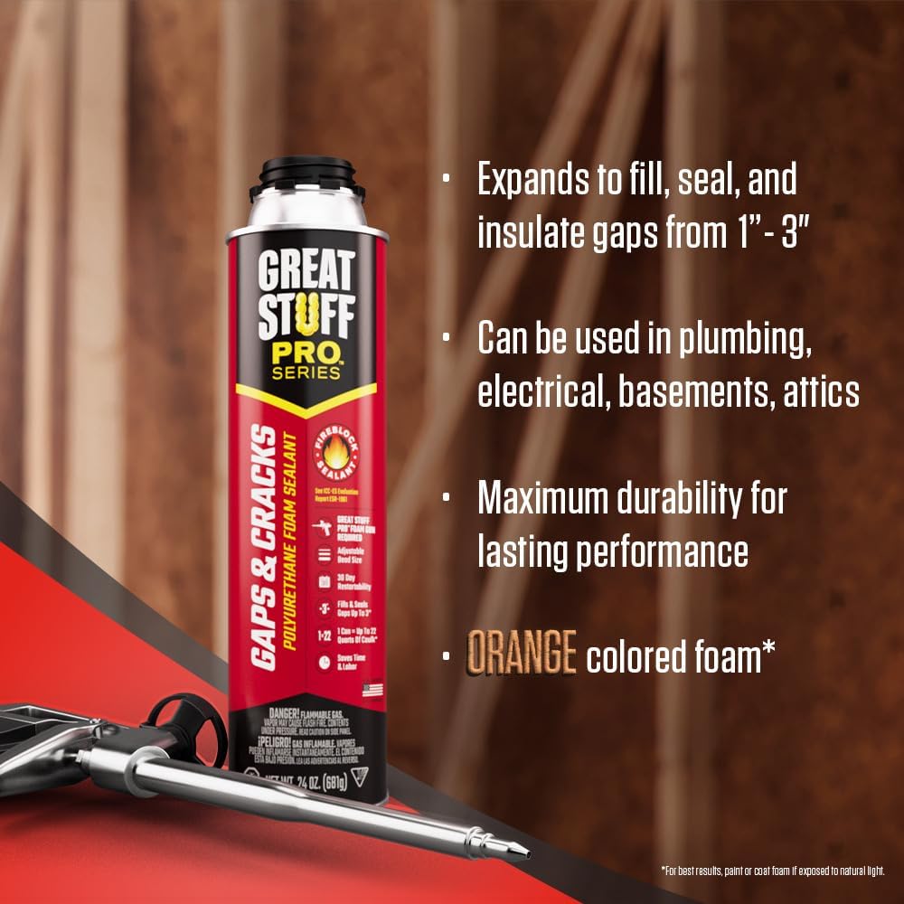 GREAT STUFF PRO Gaps and Cracks - 24oz Fireblock Foam Insulation Sealant, Pack of 12. Closed Cell, Polyurethane Expanding Spray Foam. Seals & Insulates Gaps Up to 3. Applicator Gun Not Included1