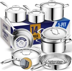 LEGEND COOKWARE Stainless Steel Cookware Set | 5 Ply 14-Piece Pot and Pan Set Induction Compatible, Non-Toxic | Best Heavy Duty 18/8 Full Clad Construction | Oven Safe Even Heating PFOA PTFE PFOS Free