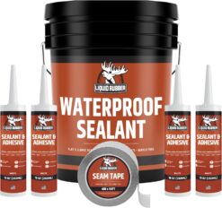 Liquid Rubber Waterproof Sealant - Waterproof Leak Repair Coating, Multi-Surface Rubber Paint, Durable Sealant for Roofs, Kit Includes- 5 Gallon Sealer, Caulk 10.2 oz 4 Pack, Seam Tape 4