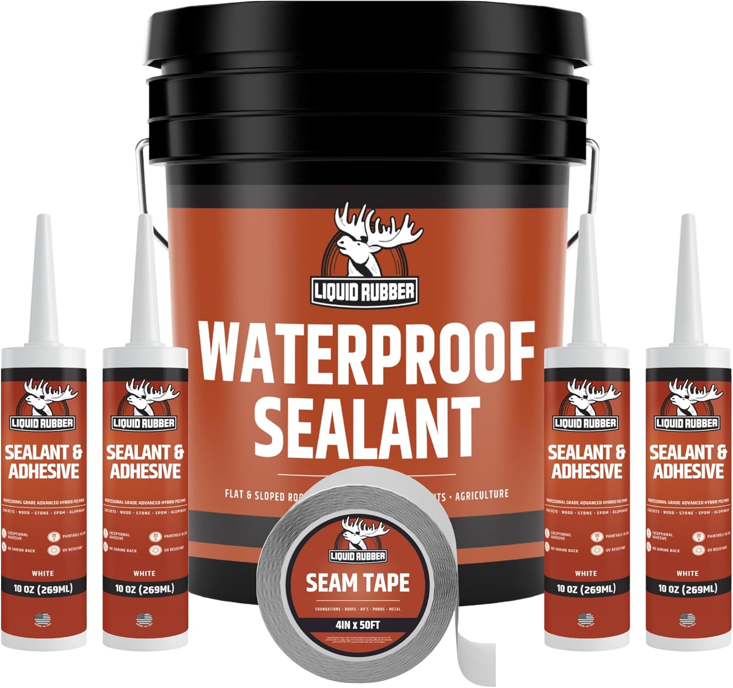 Liquid Rubber Waterproof Sealant - Waterproof Leak Repair Coating, Multi-Surface Rubber Paint, Durable Sealant for Roofs, Kit Includes- 5 Gallon Sealer, Caulk 10.2 oz 4 Pack, Seam Tape 4 x50 Black Liquid Rubber Waterproof Sealant - Waterproof Leak Repair Coating, Multi-Surface Rubber Paint, Durable Sealant for Roofs, Kit Includes- 5 Gallon Sealer, Caulk 10.2 oz 4 Pack, Seam Tape 4" x50' Black