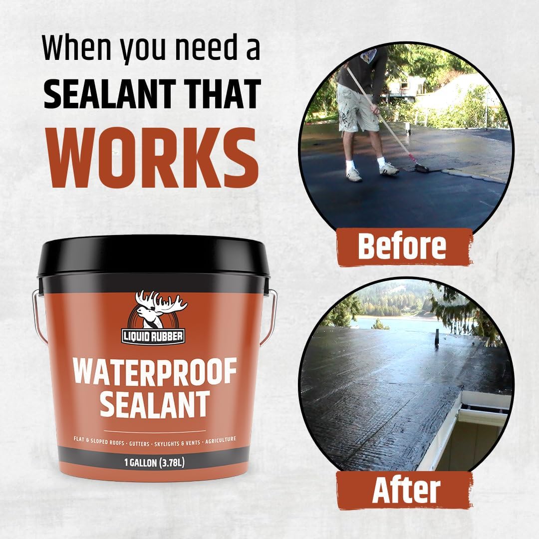 Liquid Rubber Waterproof Sealant - Waterproof Leak Repair Coating, Multi-Surface Rubber Paint, Durable Sealant for Roofs, Kit Includes- 5 Gallon Sealer, Caulk 10.2 oz 4 Pack, Seam Tape 4 x50 Black1