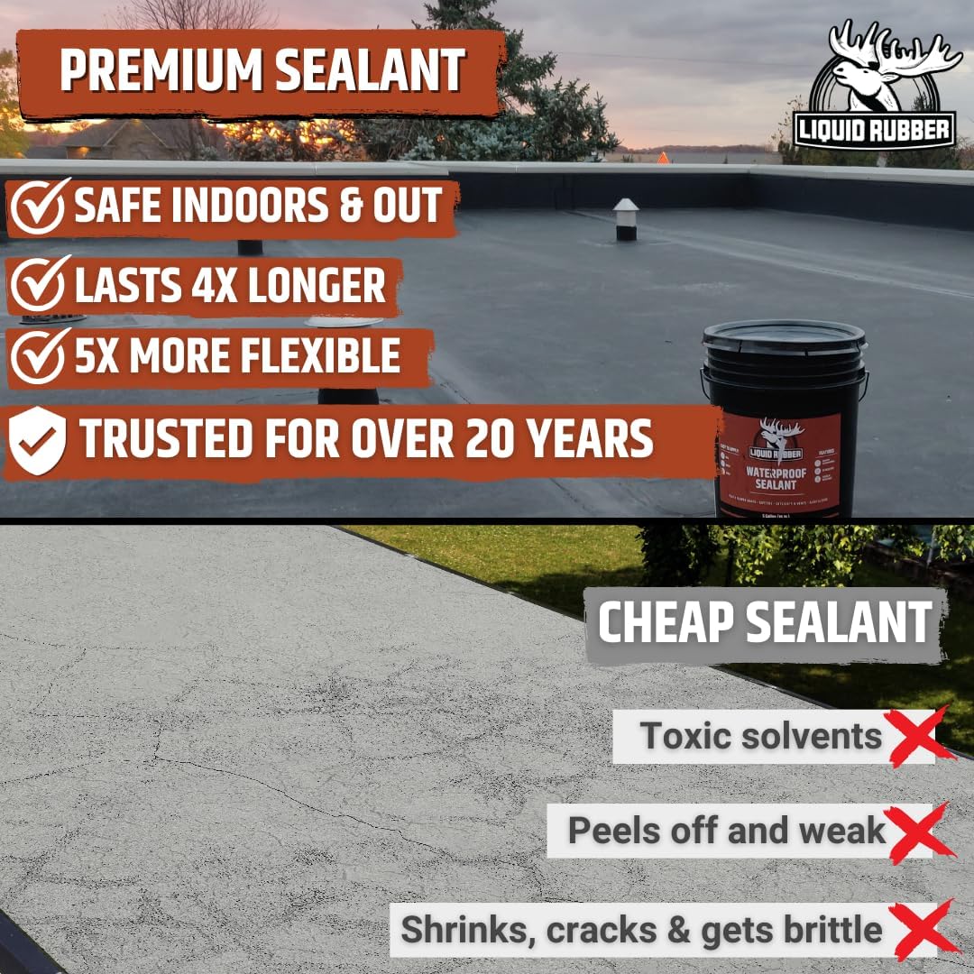 Liquid Rubber Waterproof Sealant - Waterproof Leak Repair Coating, Multi-Surface Rubber Paint, Durable Sealant for Roofs, Kit Includes- 5 Gallon Sealer, Caulk 10.2 oz 4 Pack, Seam Tape 4 x50 Black5