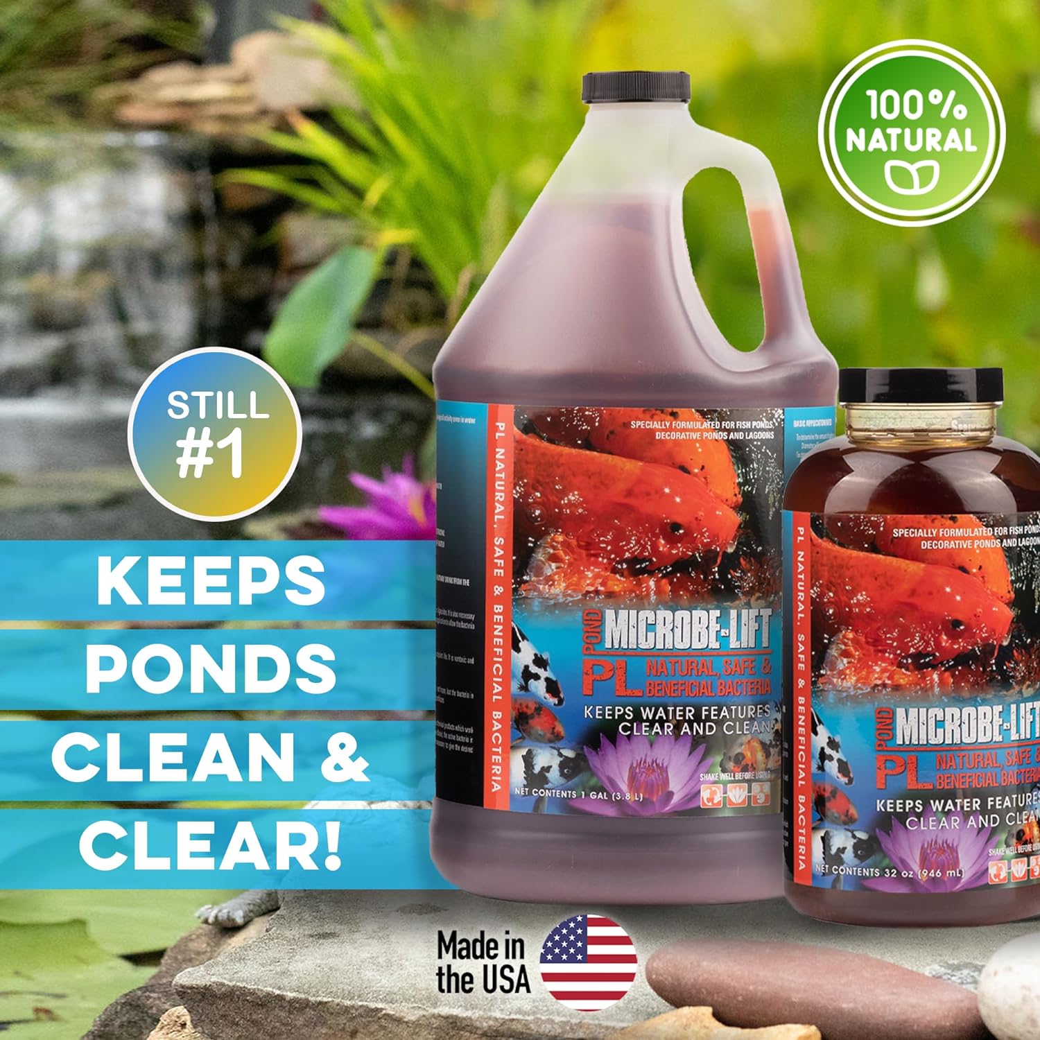 MICROBE-LIFT PL Pond and Outdoor Water Garden Cleaner, Safe for Live Koi Fish, Plant Life, and Decor, 1 Gallon2