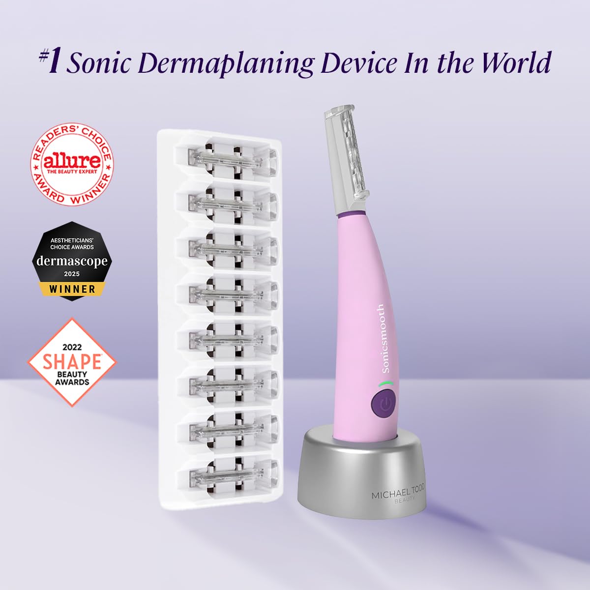 Michael Todd Beauty Sonicsmooth Dermaplane Razor for Women Face + Eyebrow trimmer Dermaplaning System - Peach Fuzz Remover - 8 Weeks of Dermaplaning Blades, Pink1